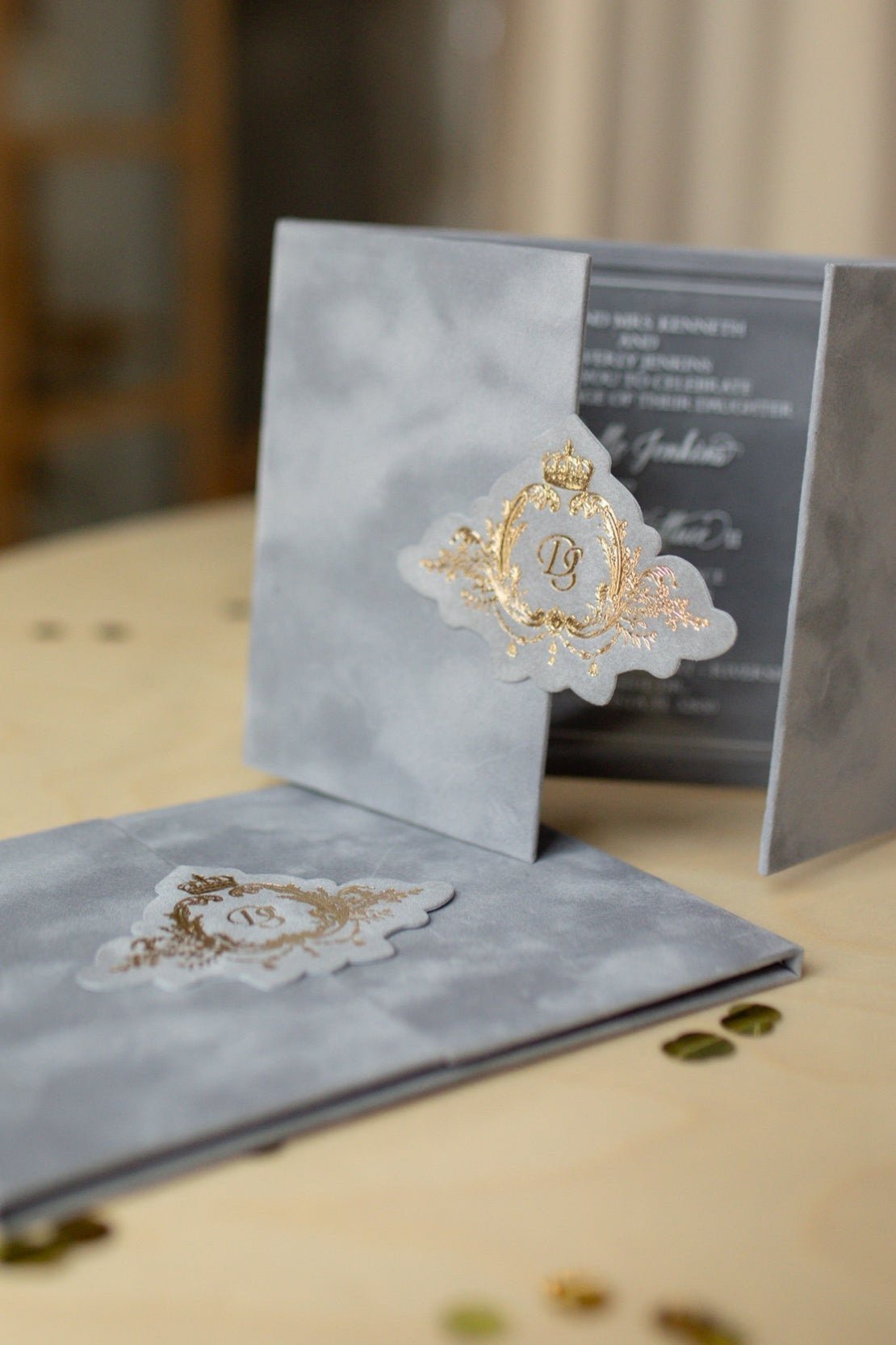 Luxury Gray Velvet Pocket Wedding Invitation Suite