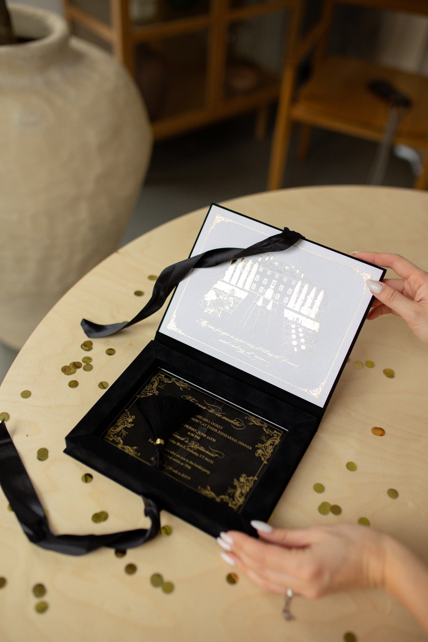 Luxury Black Velvet Boxed Invitations Suede and Acrylic Wedding Invitation