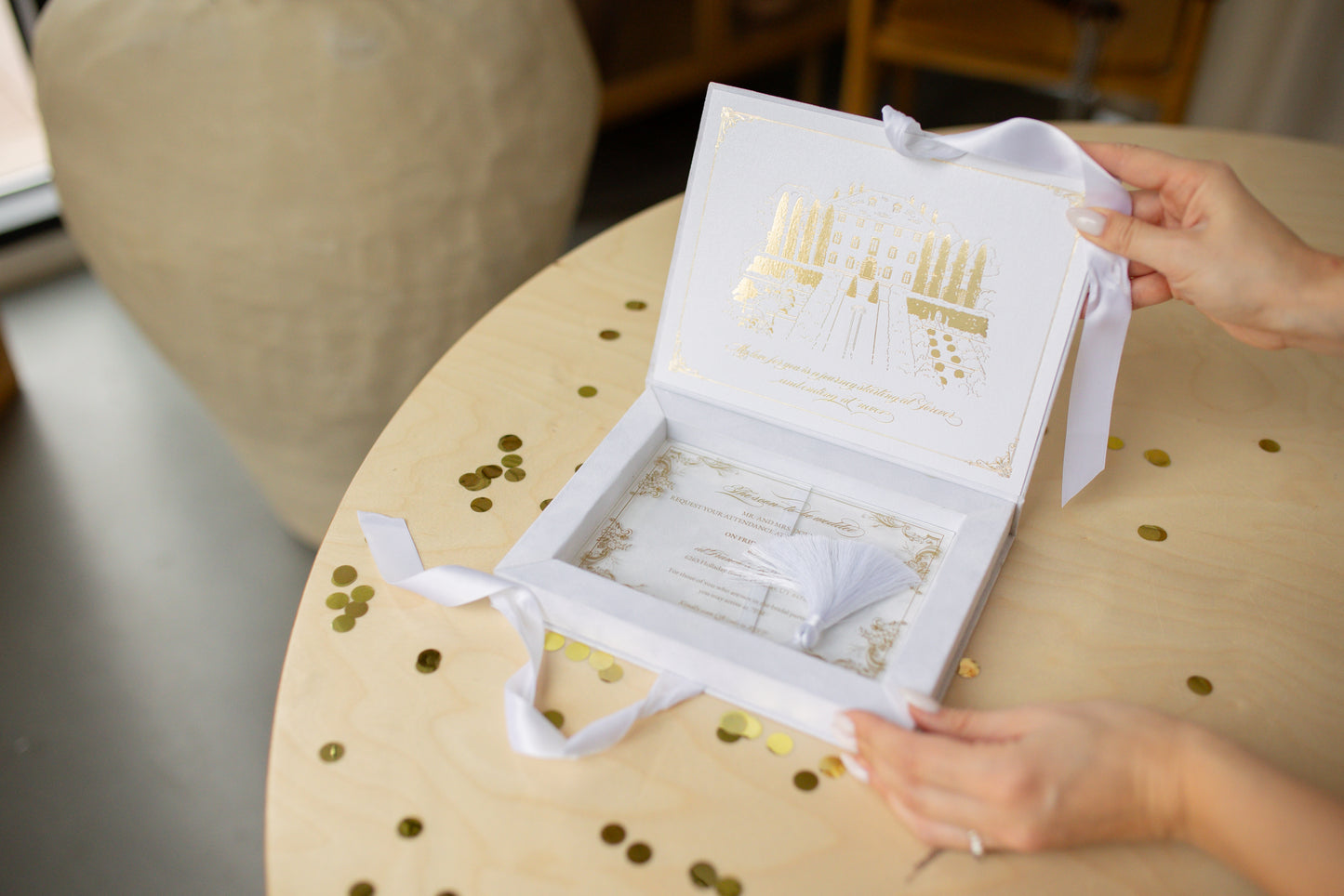 Custom White Velvet Boxed Invitations Suede and Acrylic Wedding Invitation