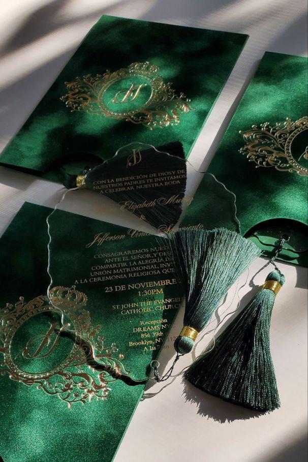 Green Emerald Velvet Suede Invitations