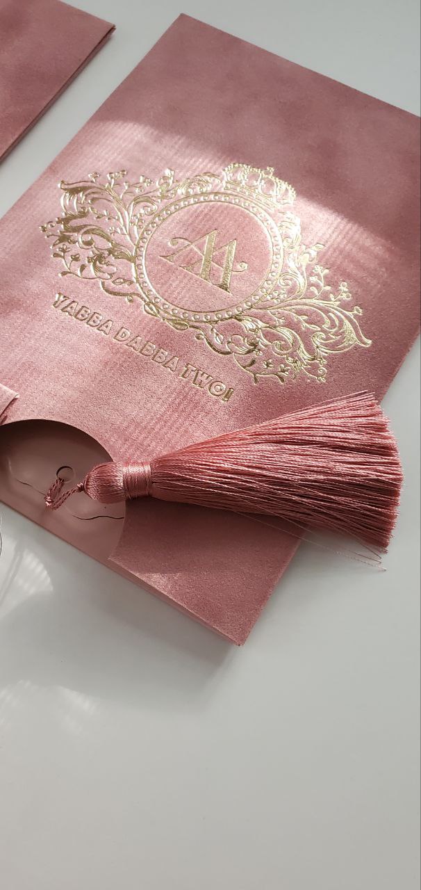 Custom Pink Velvet Suede Invitations with Mirror Acrylic and Tassel