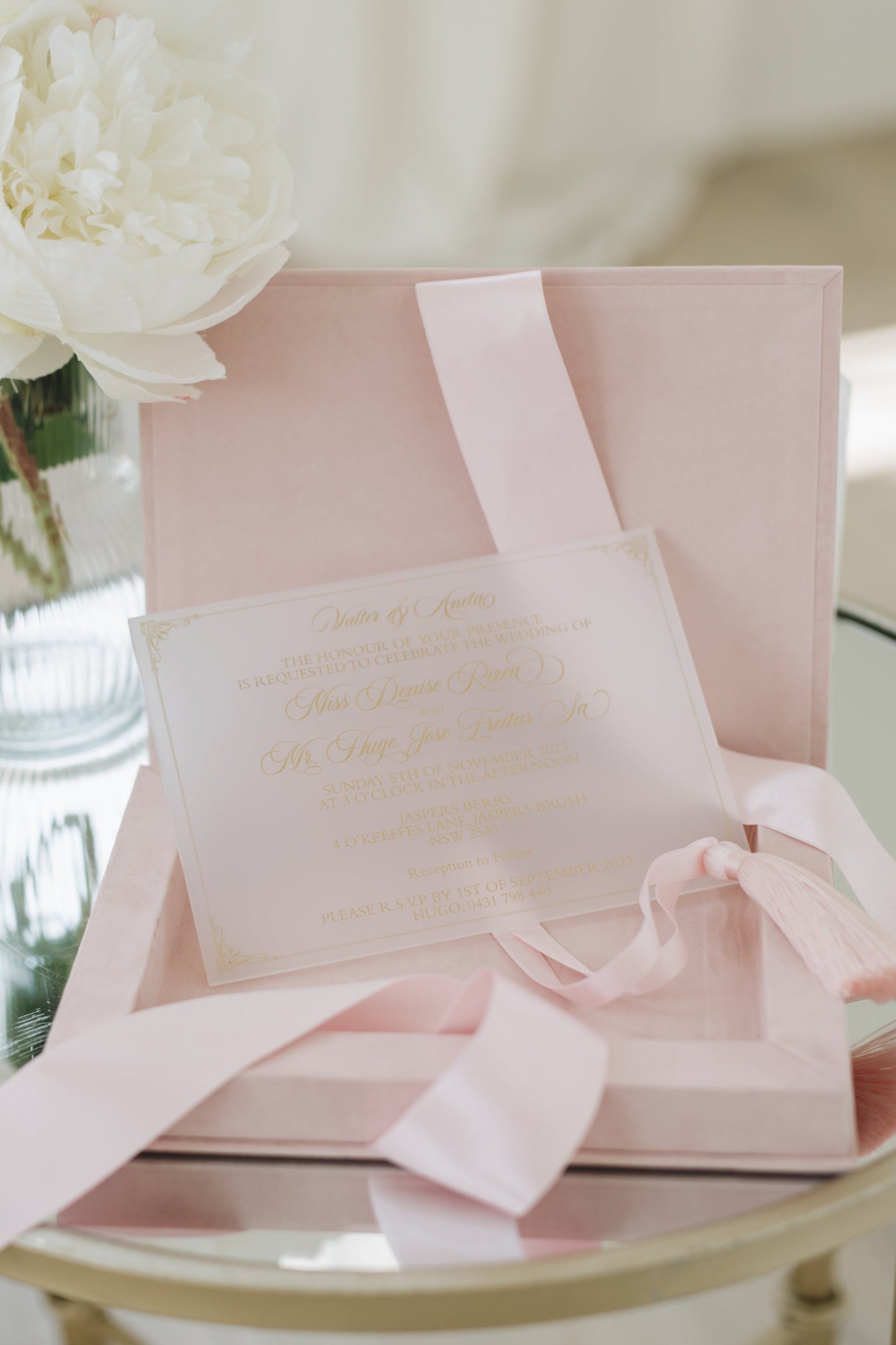 Custom Pink Velvet Boxed Invitations