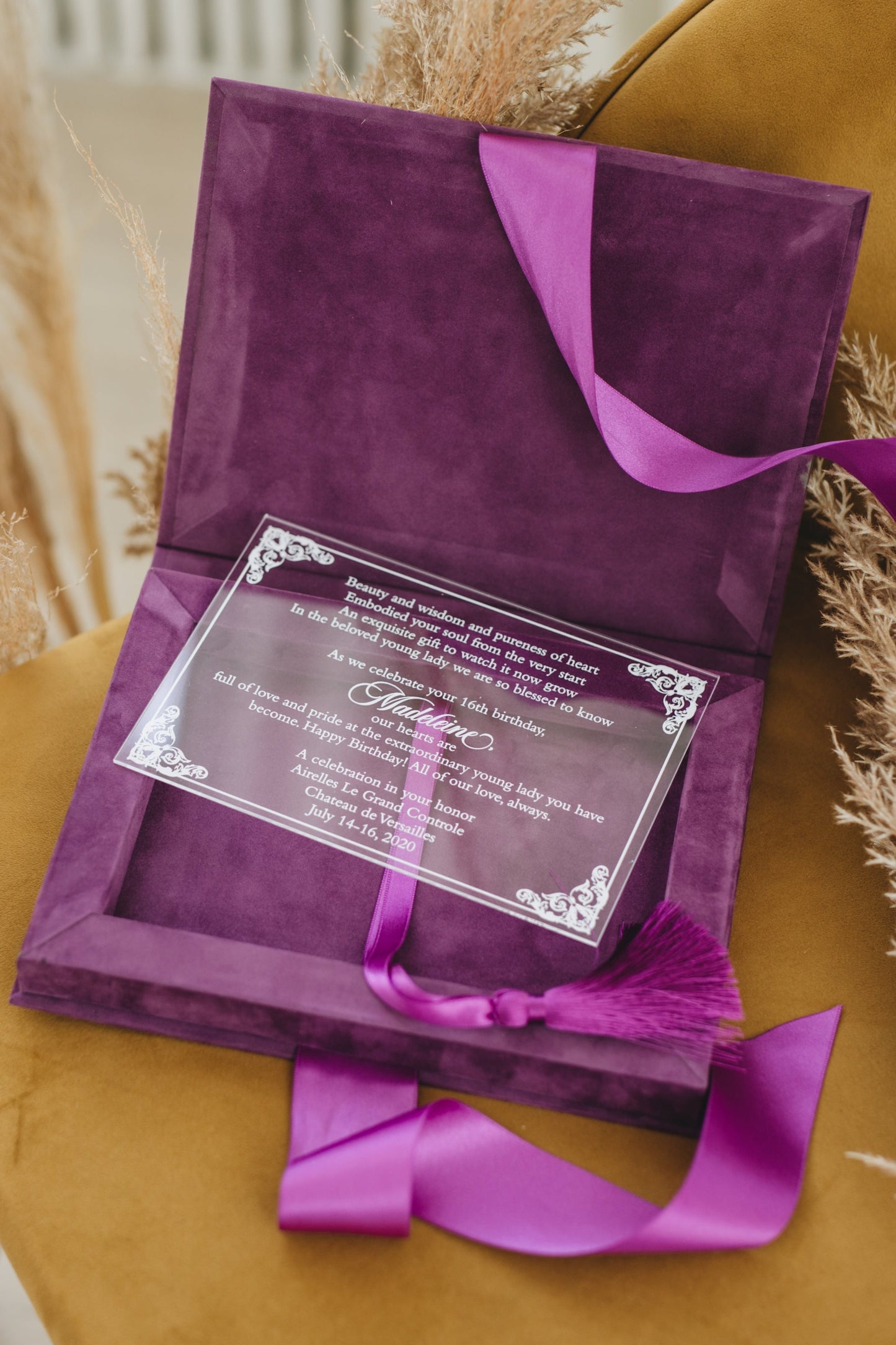 Purple Velvet Boxed Invitations Suede and Acrylic Wedding Invitation