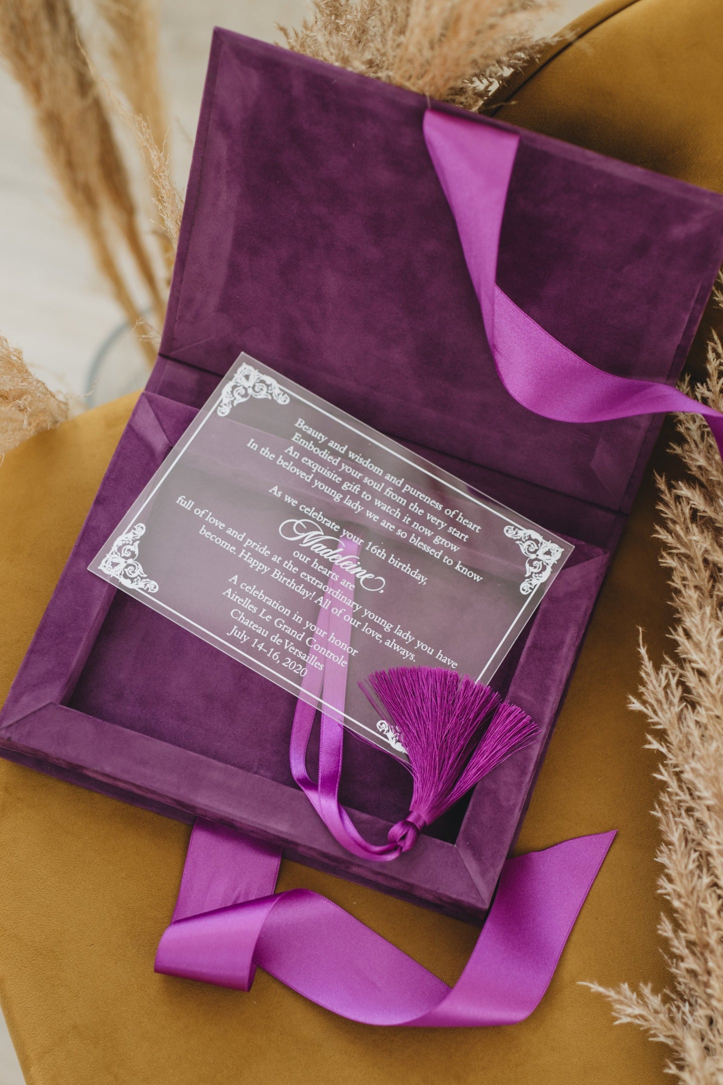 Purple Velvet Boxed Invitations Suede and Acrylic Wedding Invitation