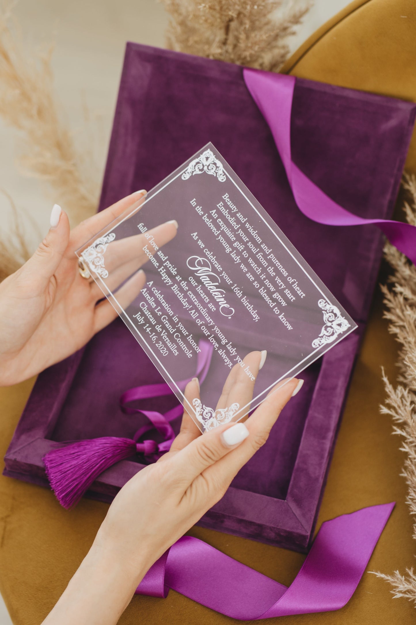 Purple Velvet Boxed Invitations Suede and Acrylic Wedding Invitation