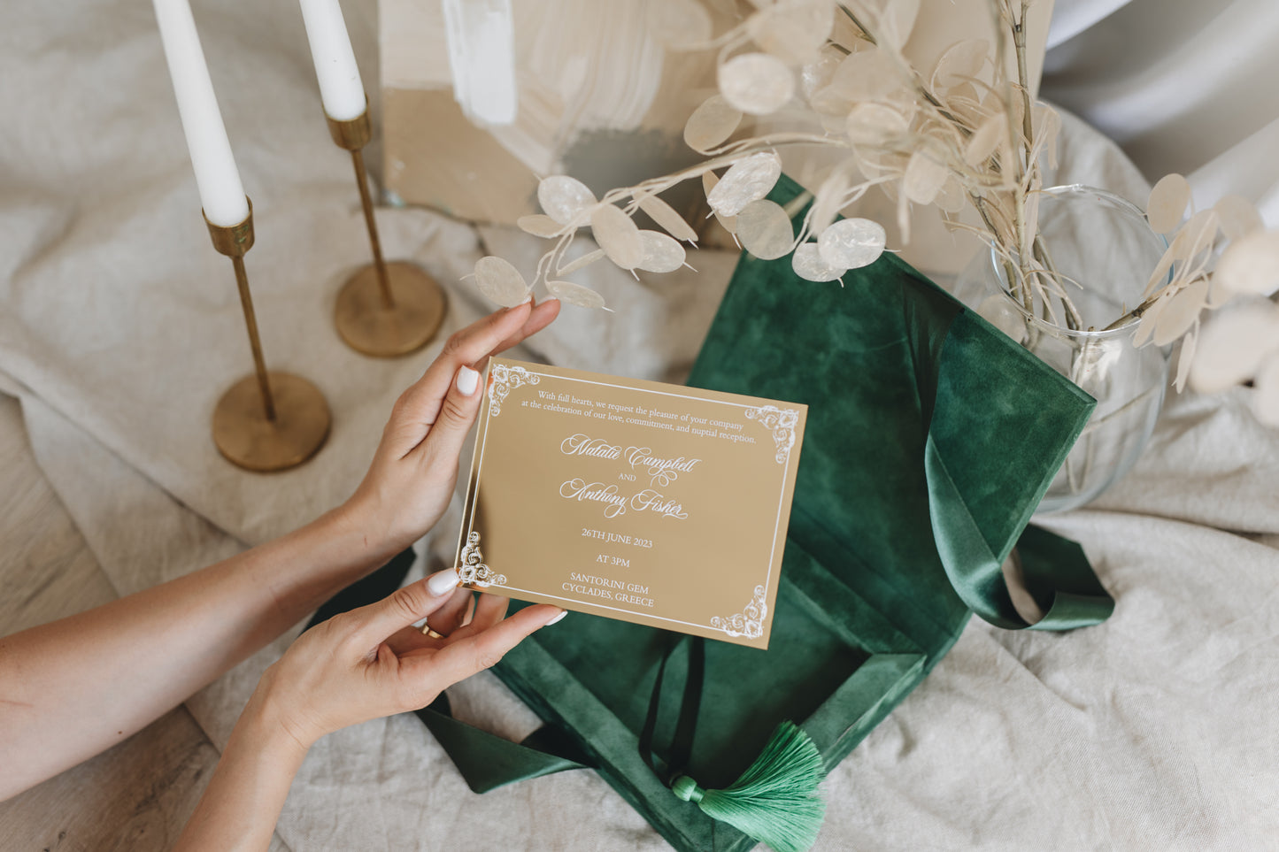 Custom Green Emerald Velvet Boxed Invitations