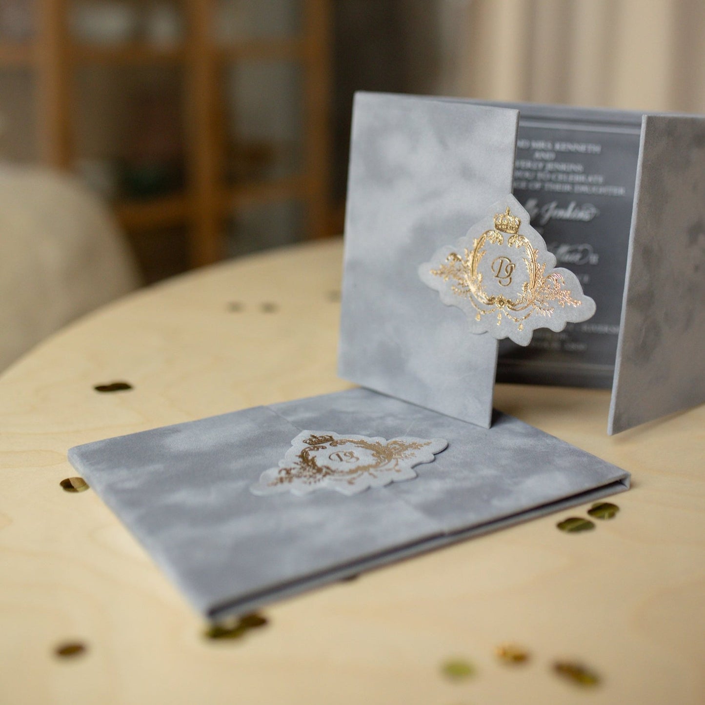 Luxury Gray Velvet Pocket Wedding Invitation Suite