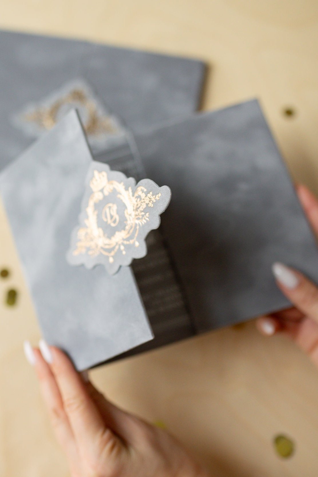 Luxury Gray Velvet Pocket Wedding Invitation Suite