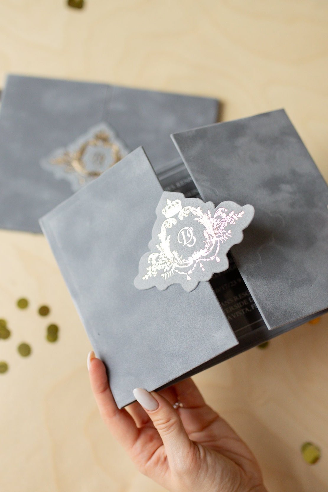 Luxury Gray Velvet Pocket Wedding Invitation Suite