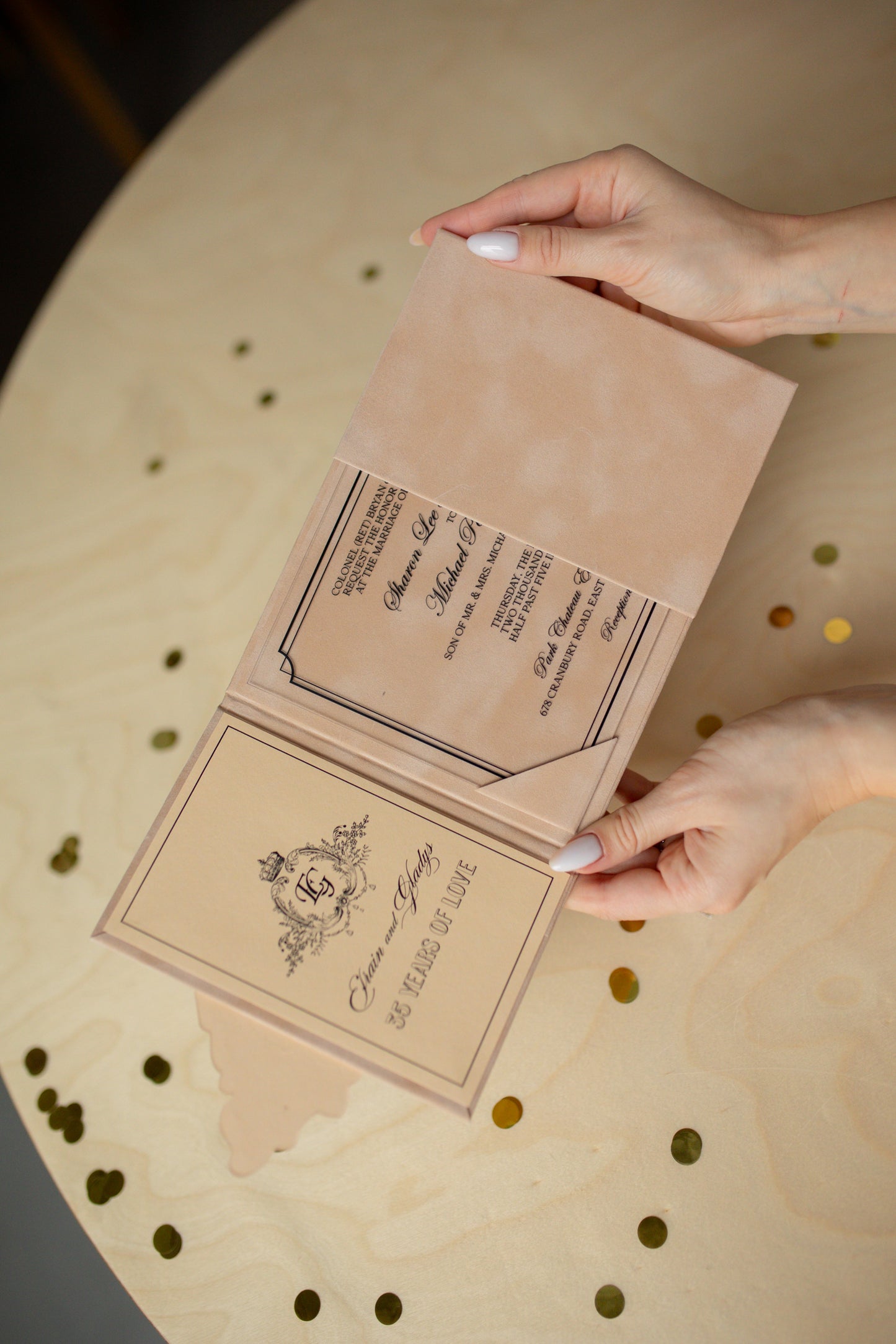 Beige Velvet Pocket Wedding Invitation Suite