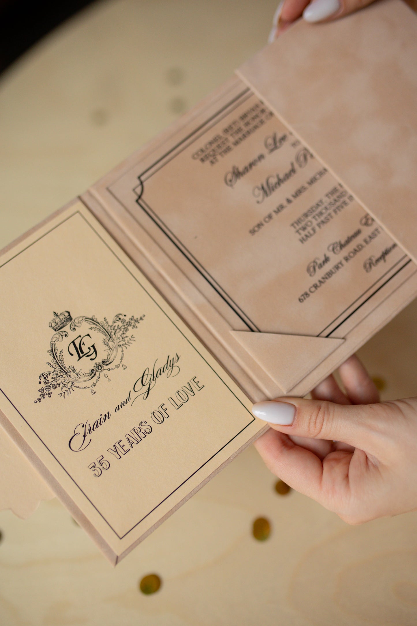 Beige Velvet Pocket Wedding Invitation Suite