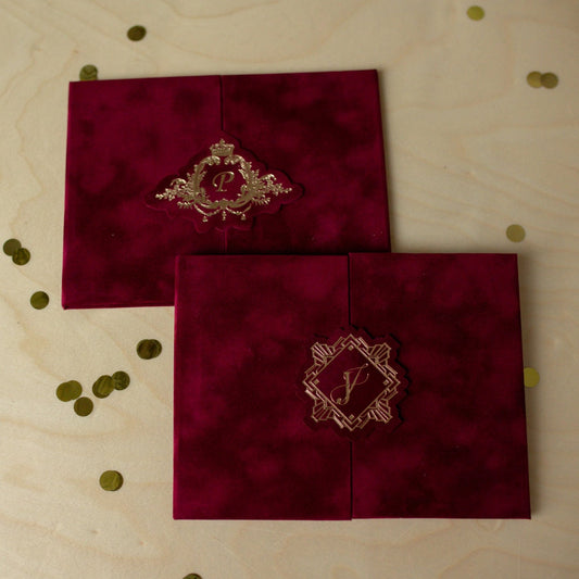 Burgundy Velvet Envelope and Custom Acrylic Invitation