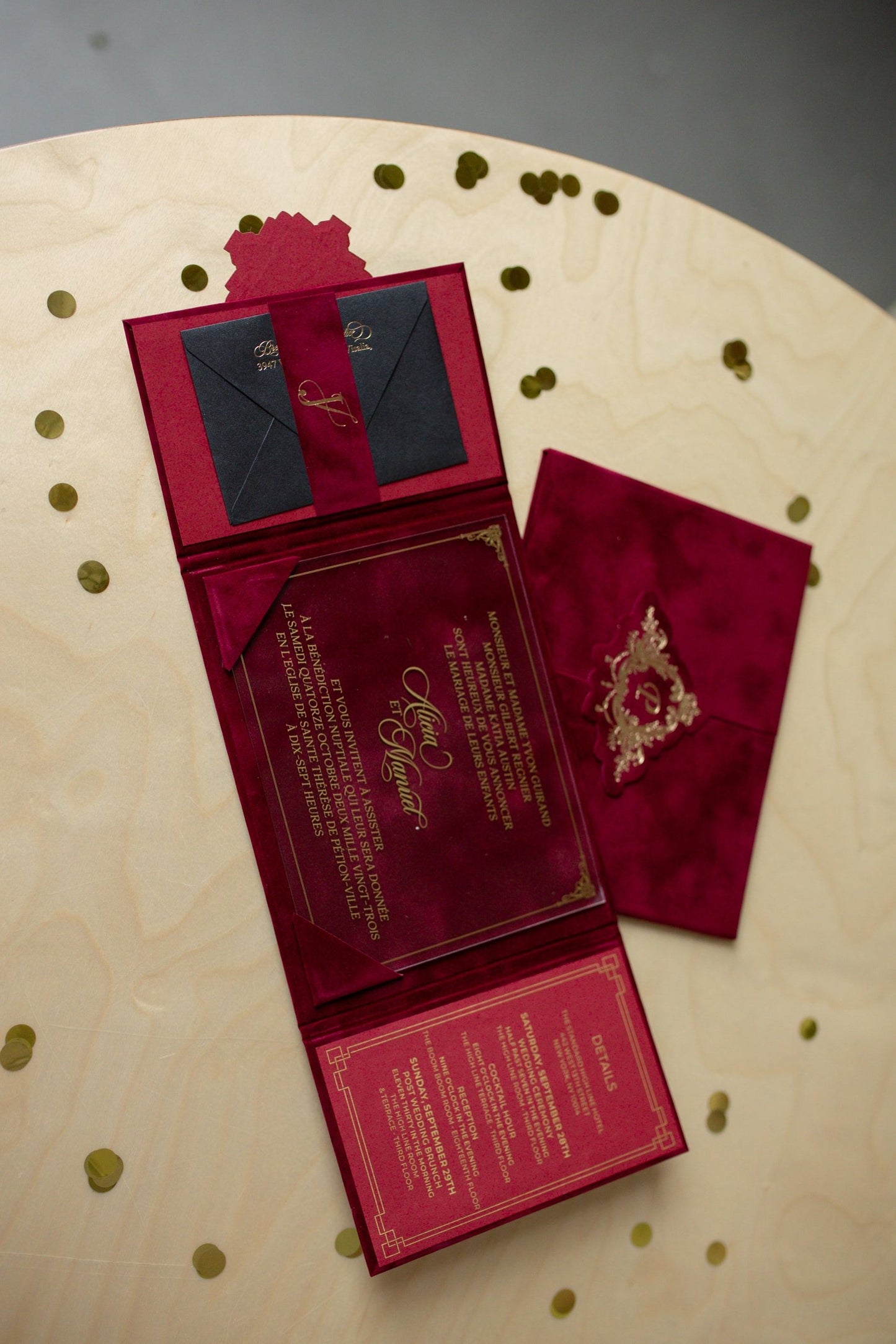 Burgundy Velvet Envelope and Custom Acrylic Invitation