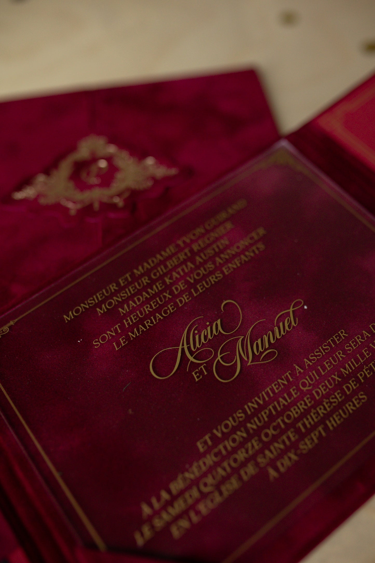 Burgundy Velvet Envelope and Custom Acrylic Invitation