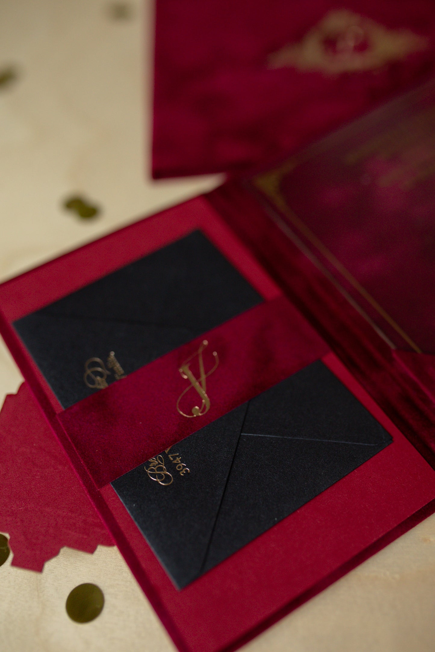 Burgundy Velvet Envelope and Custom Acrylic Invitation