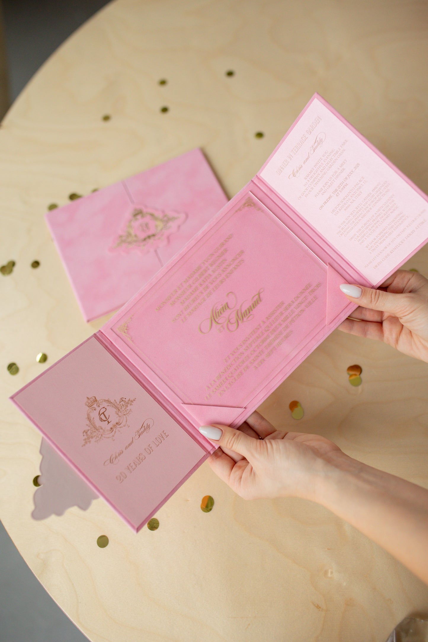 Luxury Pink Customizable Acrylic Trifold Wedding Invitations Set