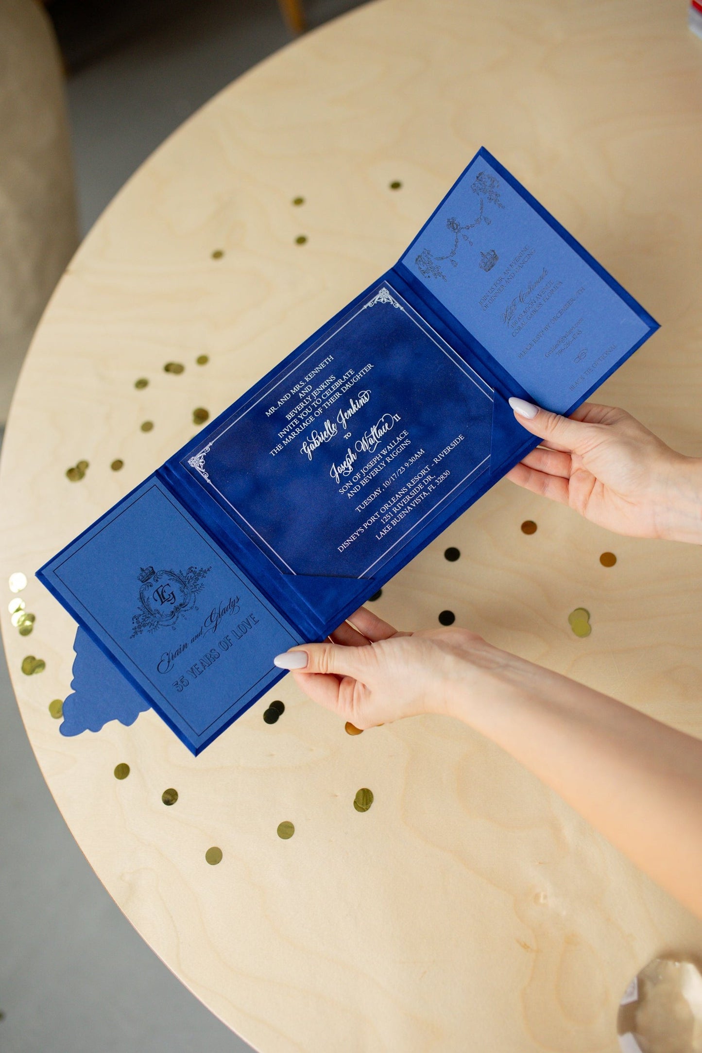 Royal Blue Velvet Wedding Invitations Pocket