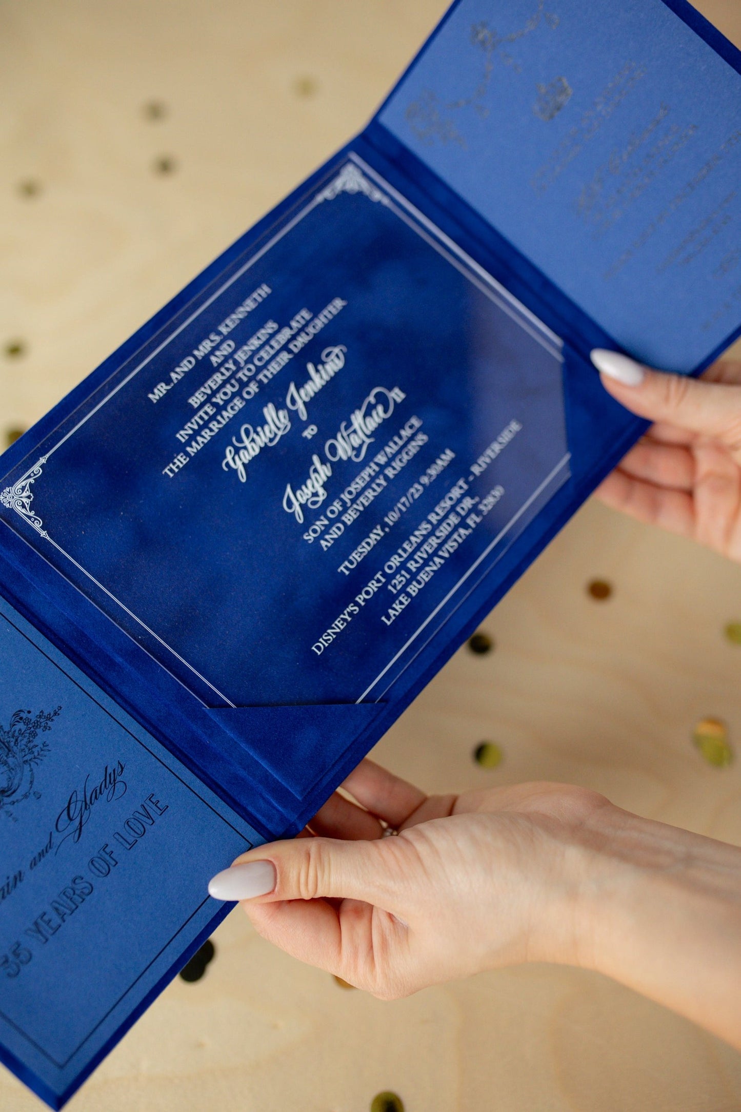 Royal Blue Velvet Wedding Invitations Pocket