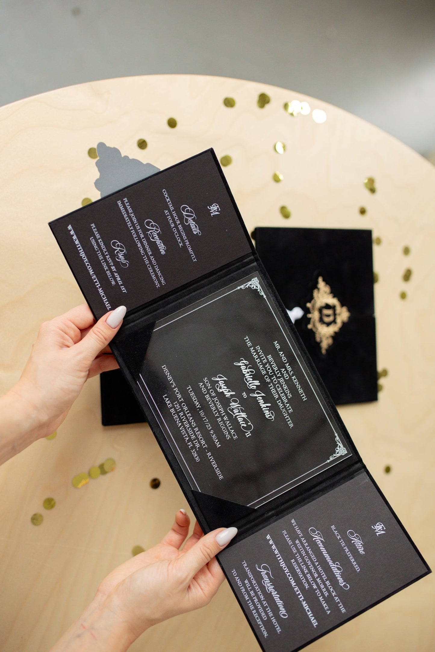 Luxury Black Customizable Acrylic Trifold Wedding Invitations Set