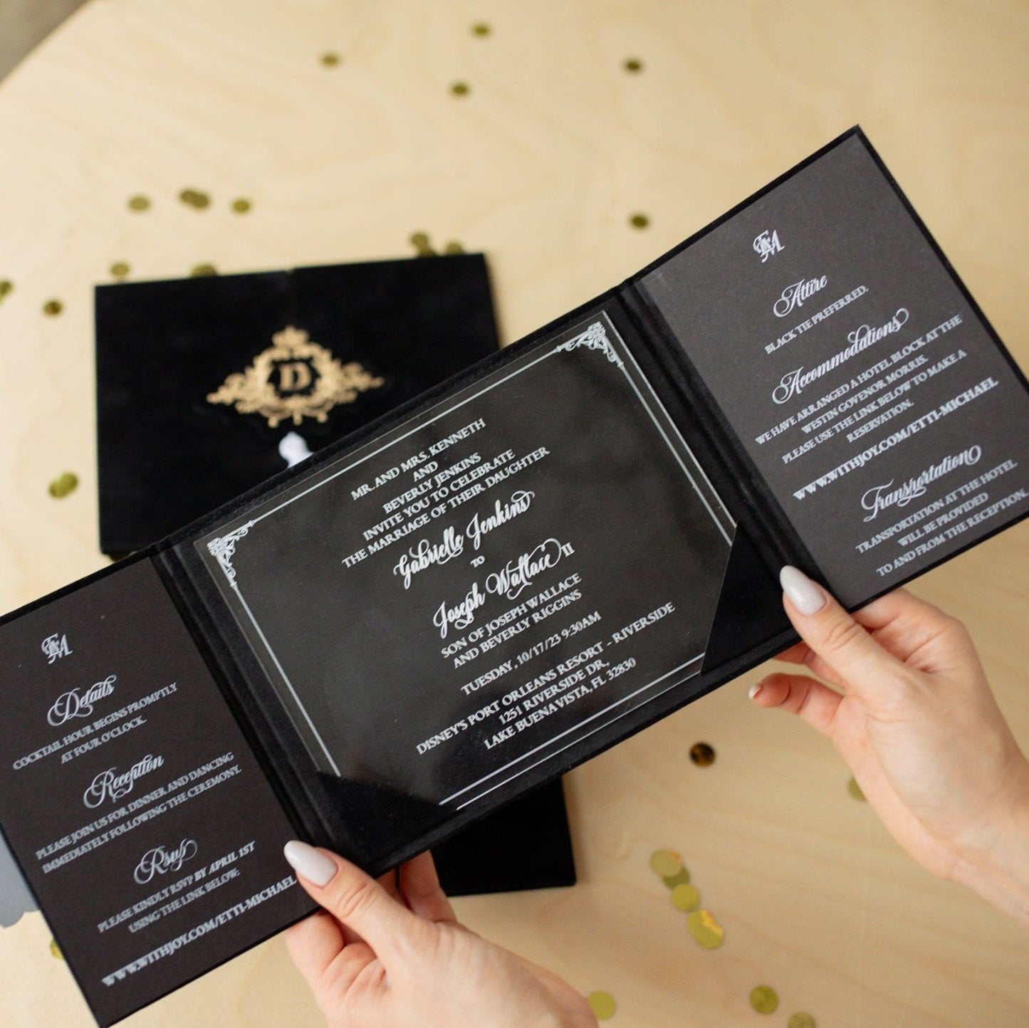 Luxury Black Customizable Acrylic Trifold Wedding Invitations Set