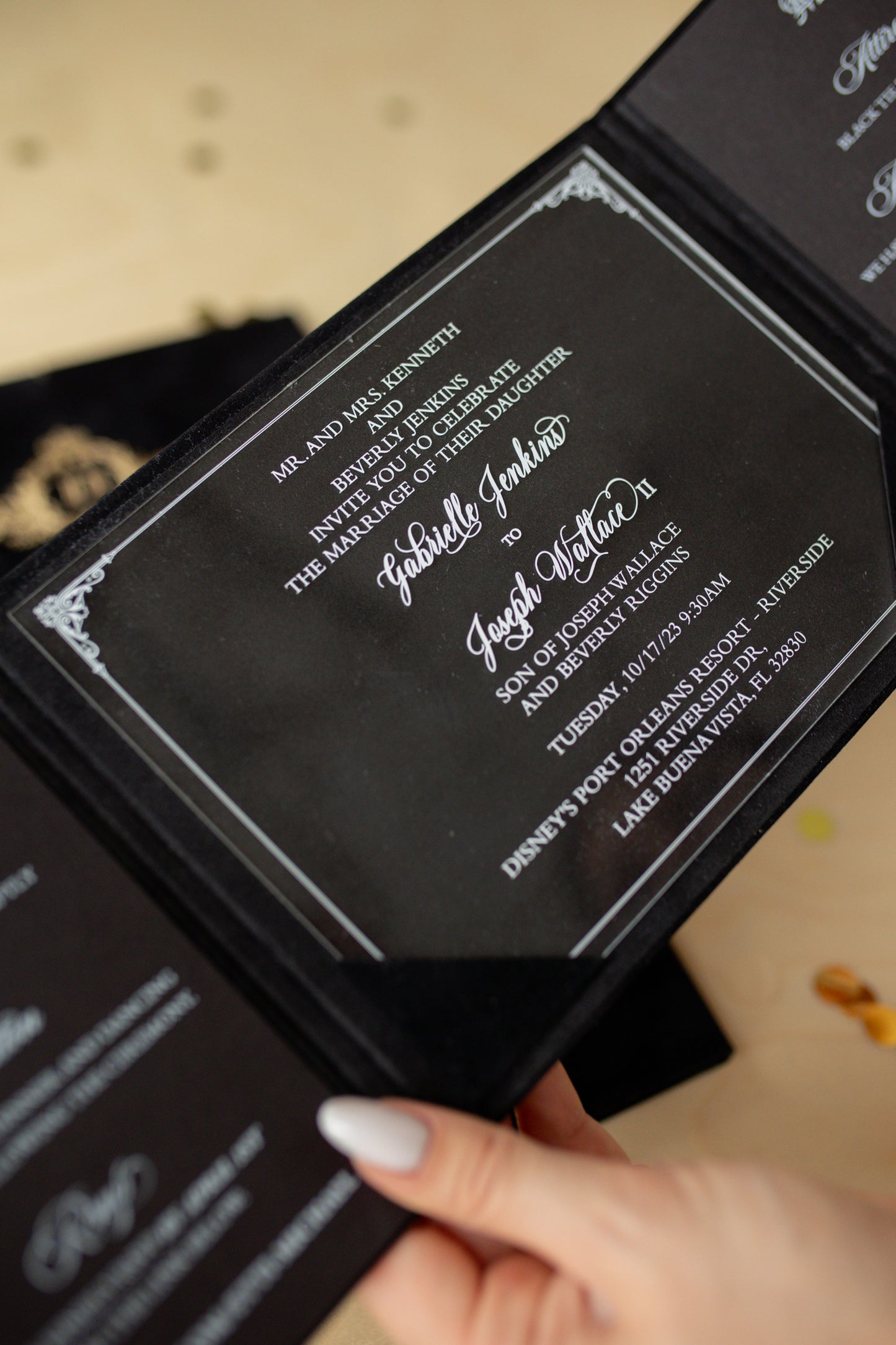 Luxury Black Customizable Acrylic Trifold Wedding Invitations Set