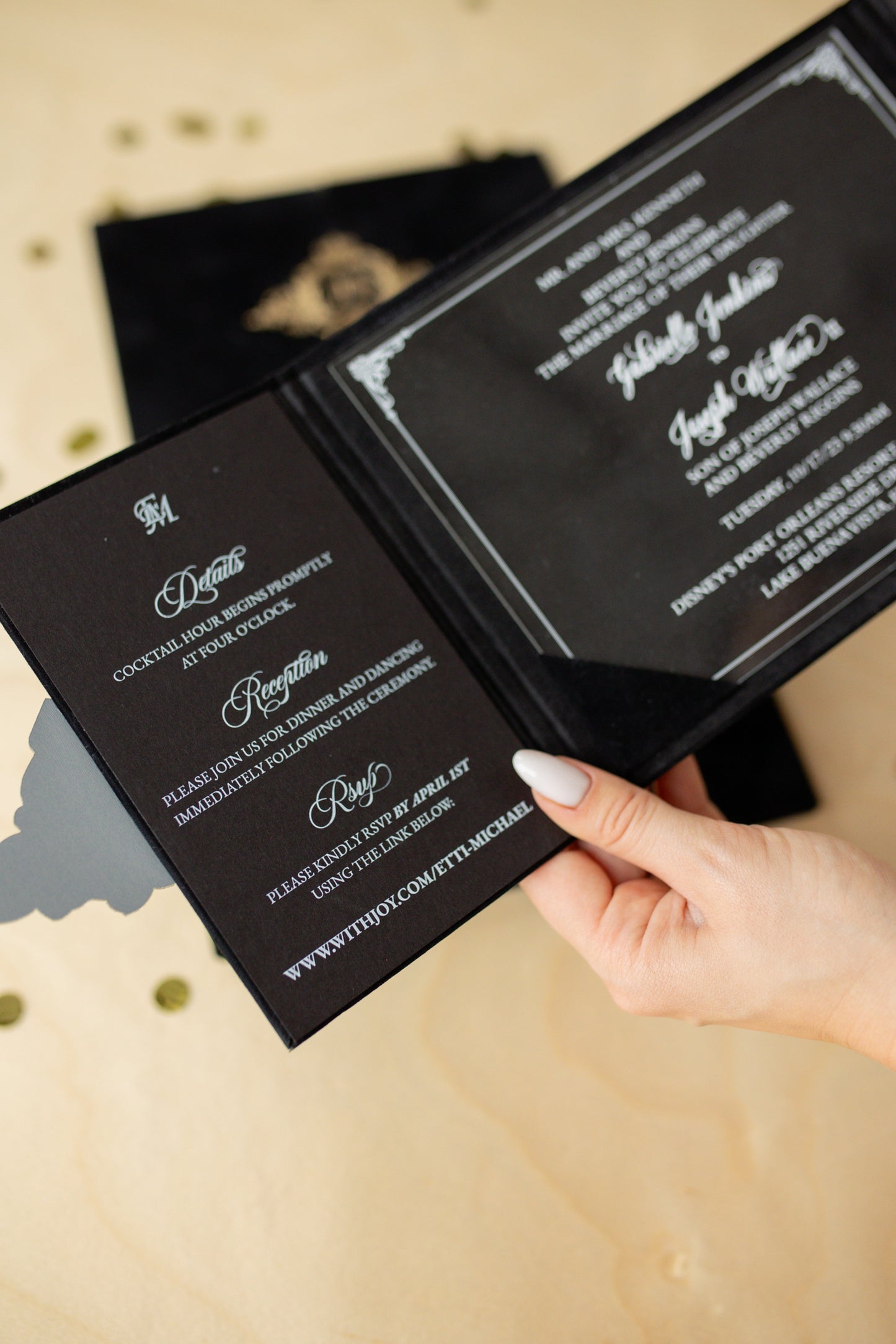 Luxury Black Customizable Acrylic Trifold Wedding Invitations Set