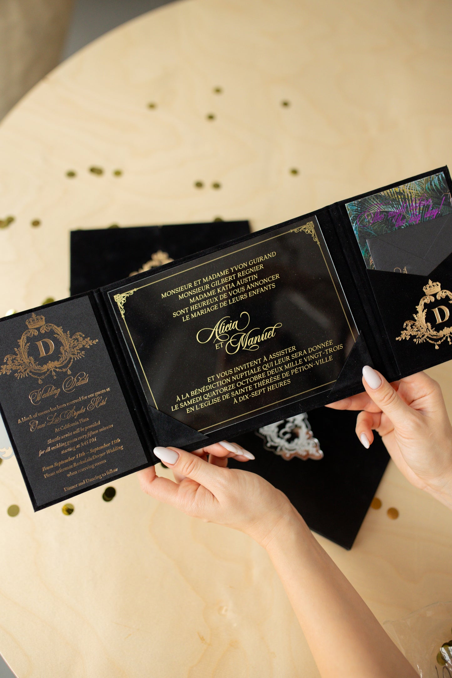 Elegant Black Velvet Pocket Wedding Invitation Suite