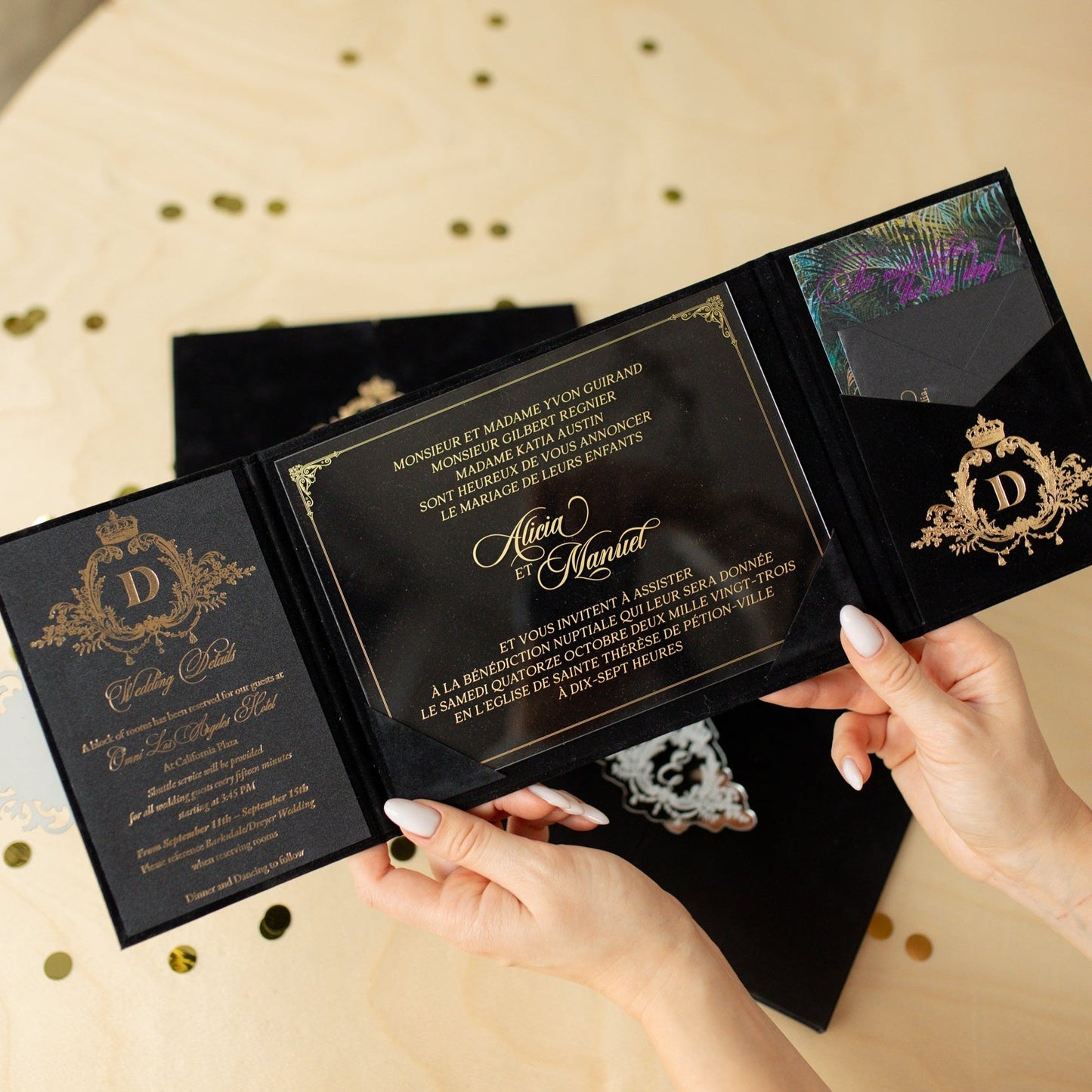 Elegant Black Velvet Pocket Wedding Invitation Suite