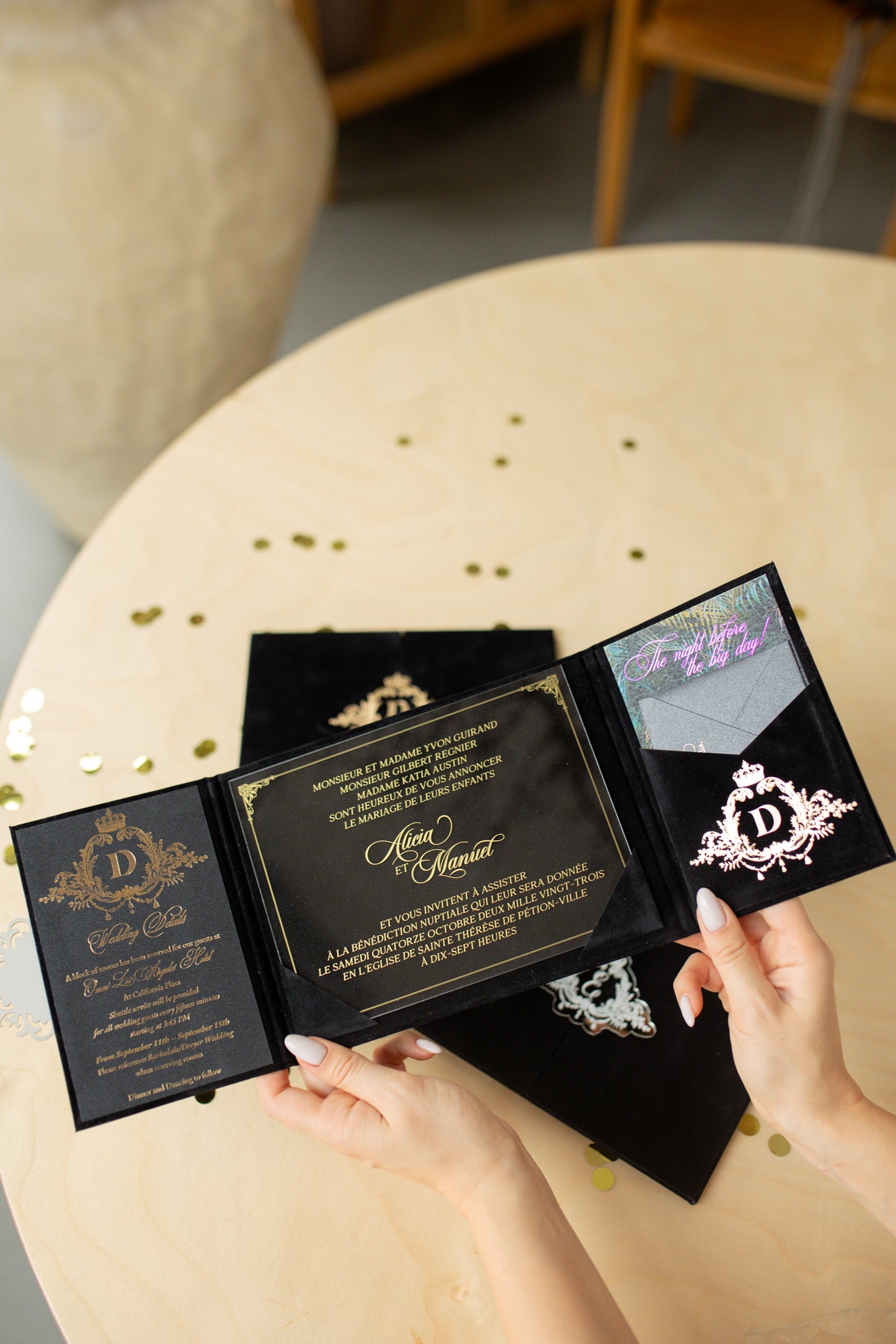 Elegant Black Velvet Pocket Wedding Invitation Suite