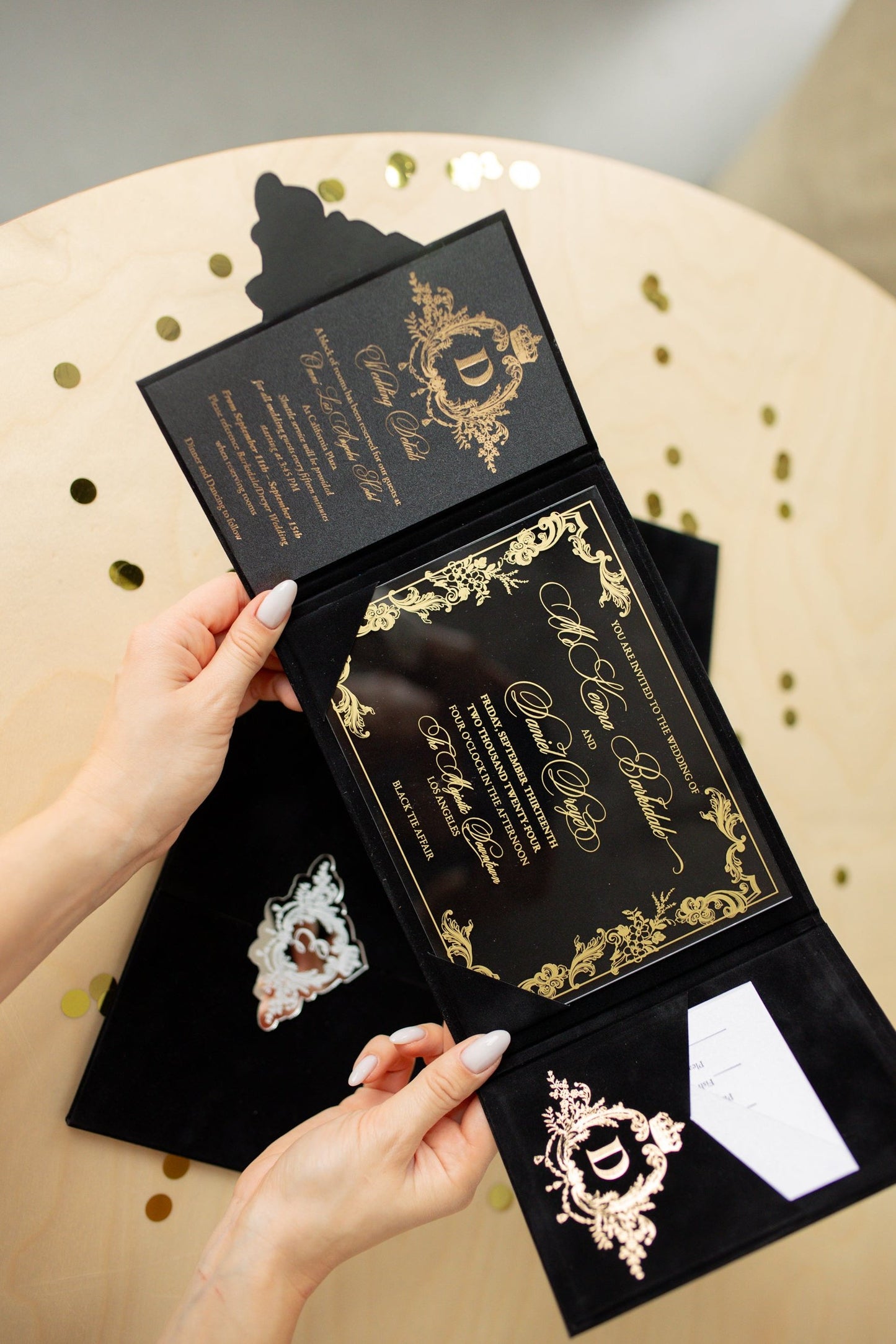 Elegant Black Velvet Pocket Wedding Invitation Suite