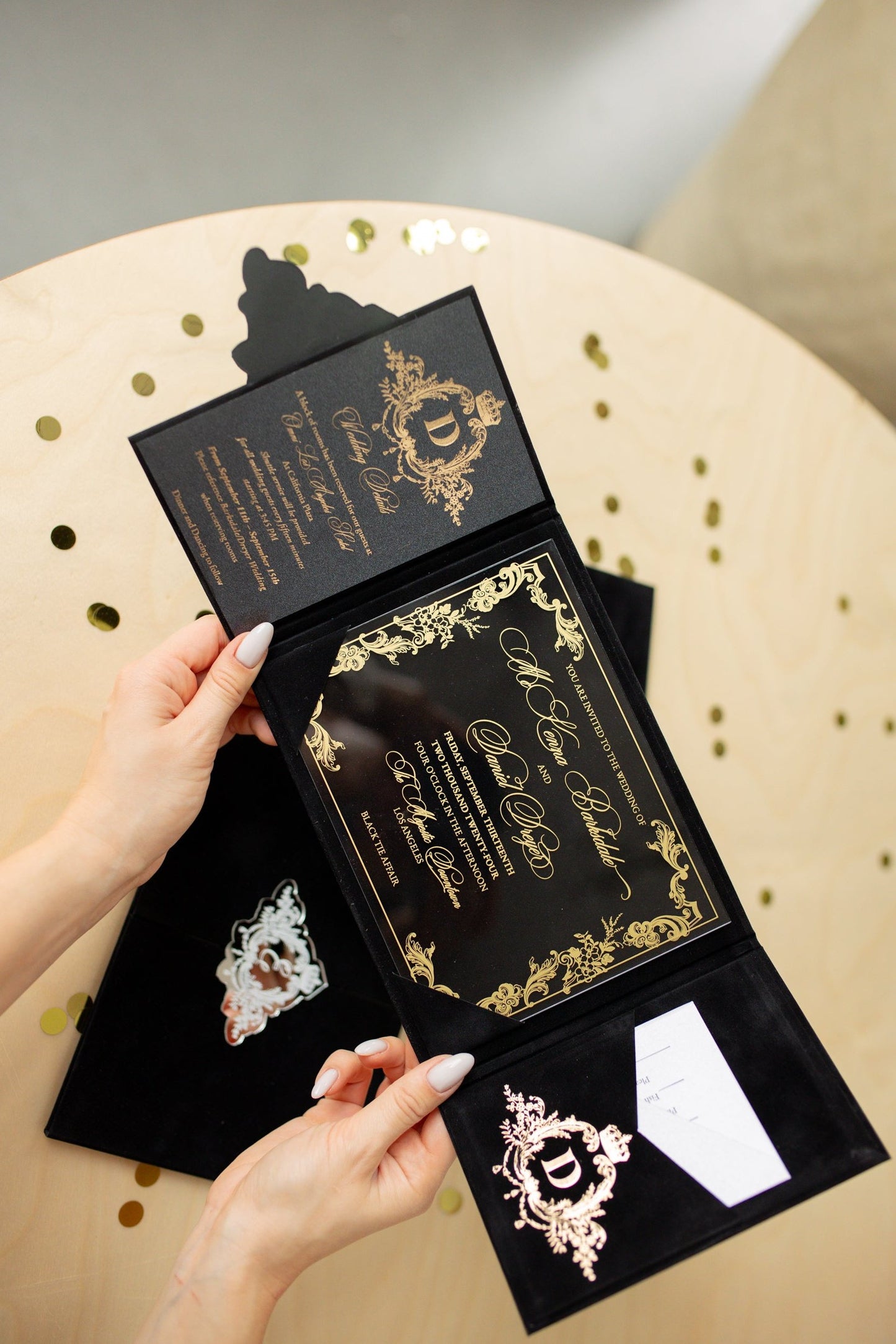 Elegant Black Velvet Pocket Wedding Invitation Suite