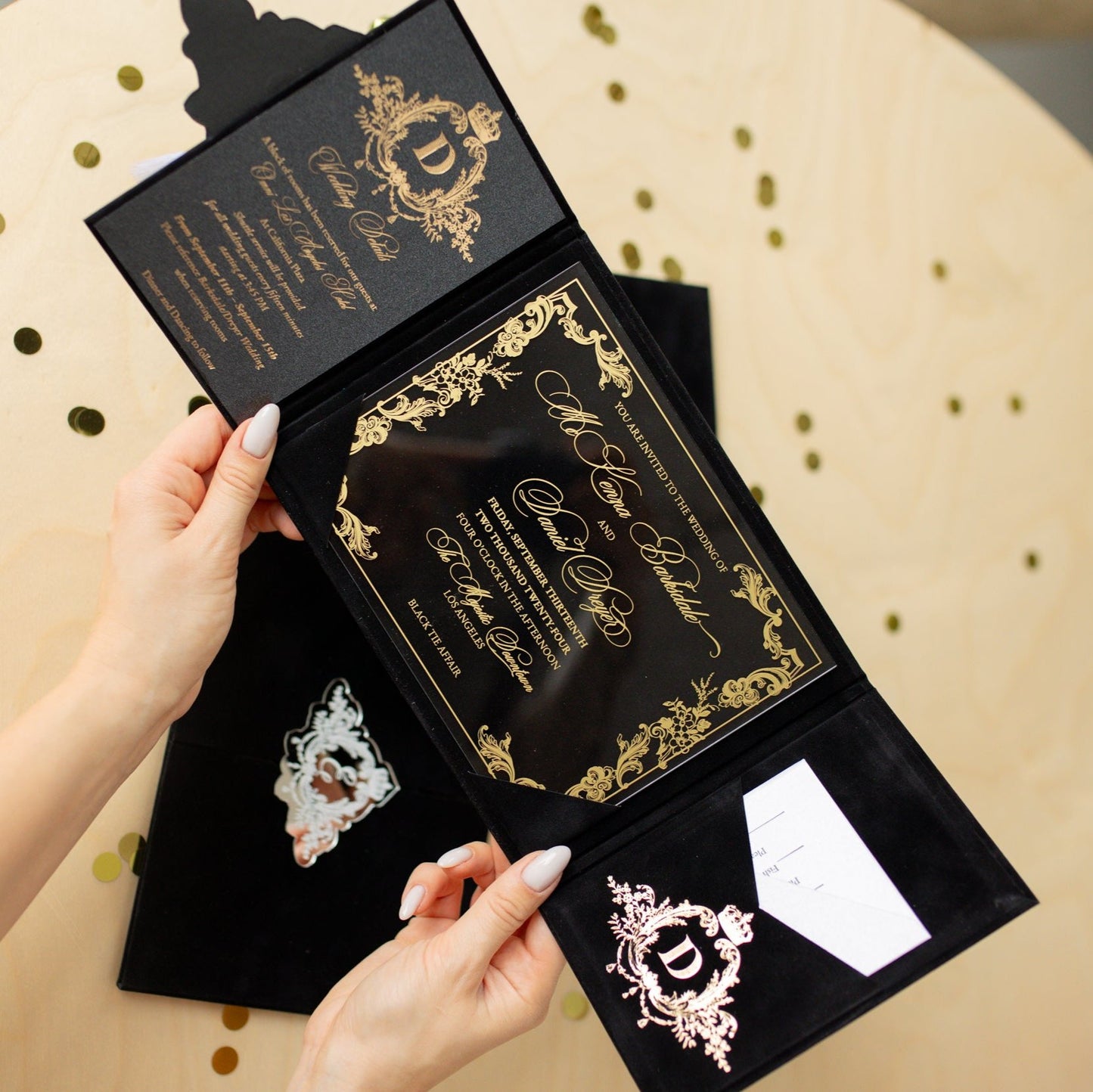 Elegant Black Velvet Pocket Wedding Invitation Suite