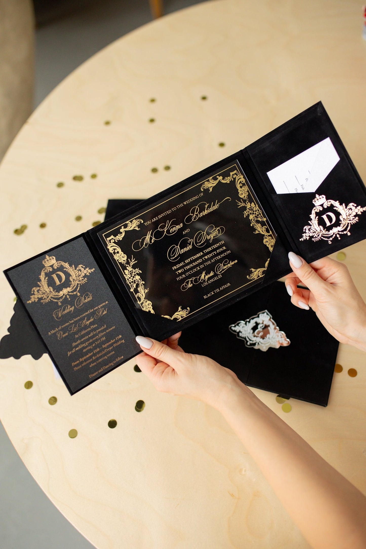 Elegant Black Velvet Pocket Wedding Invitation Suite