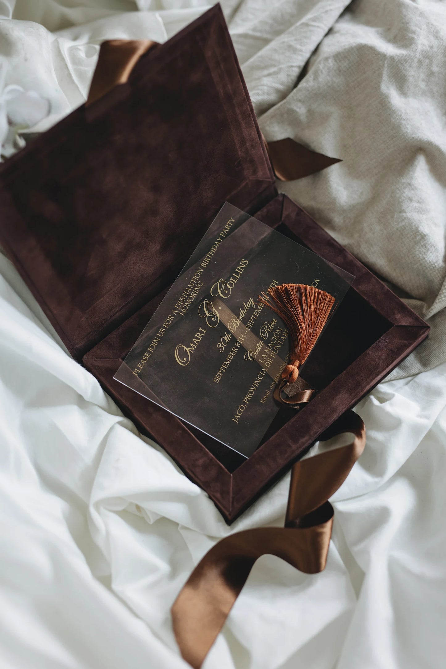 Brown Velvet Boxed Invitations Suede and Acrylic Wedding Invitation