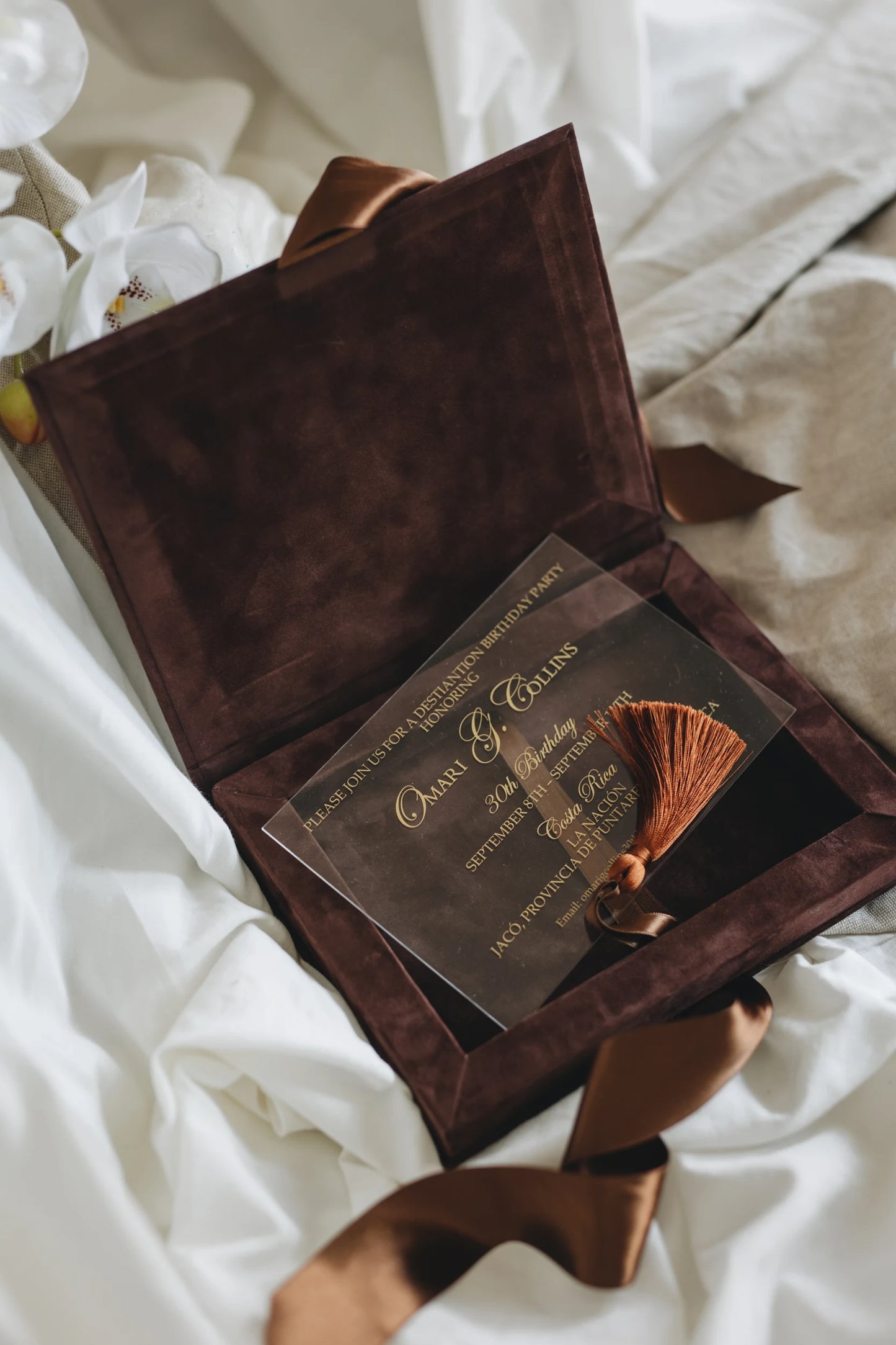 Brown Velvet Boxed Invitations Suede and Acrylic Wedding Invitation