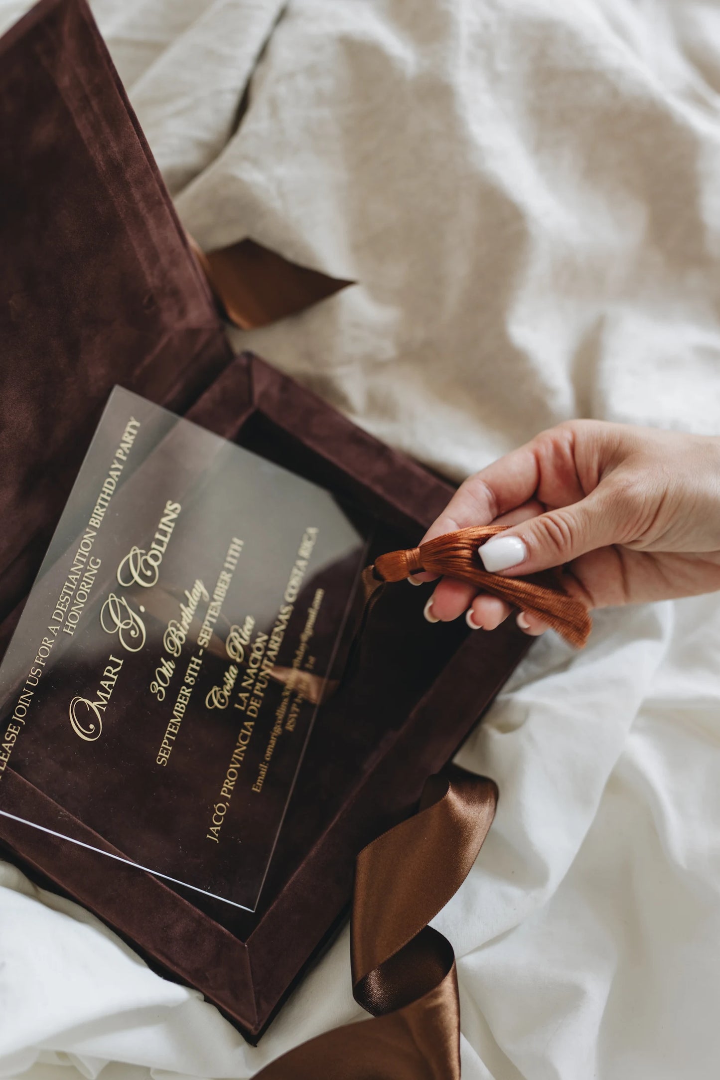 Brown Velvet Boxed Invitations Suede and Acrylic Wedding Invitation