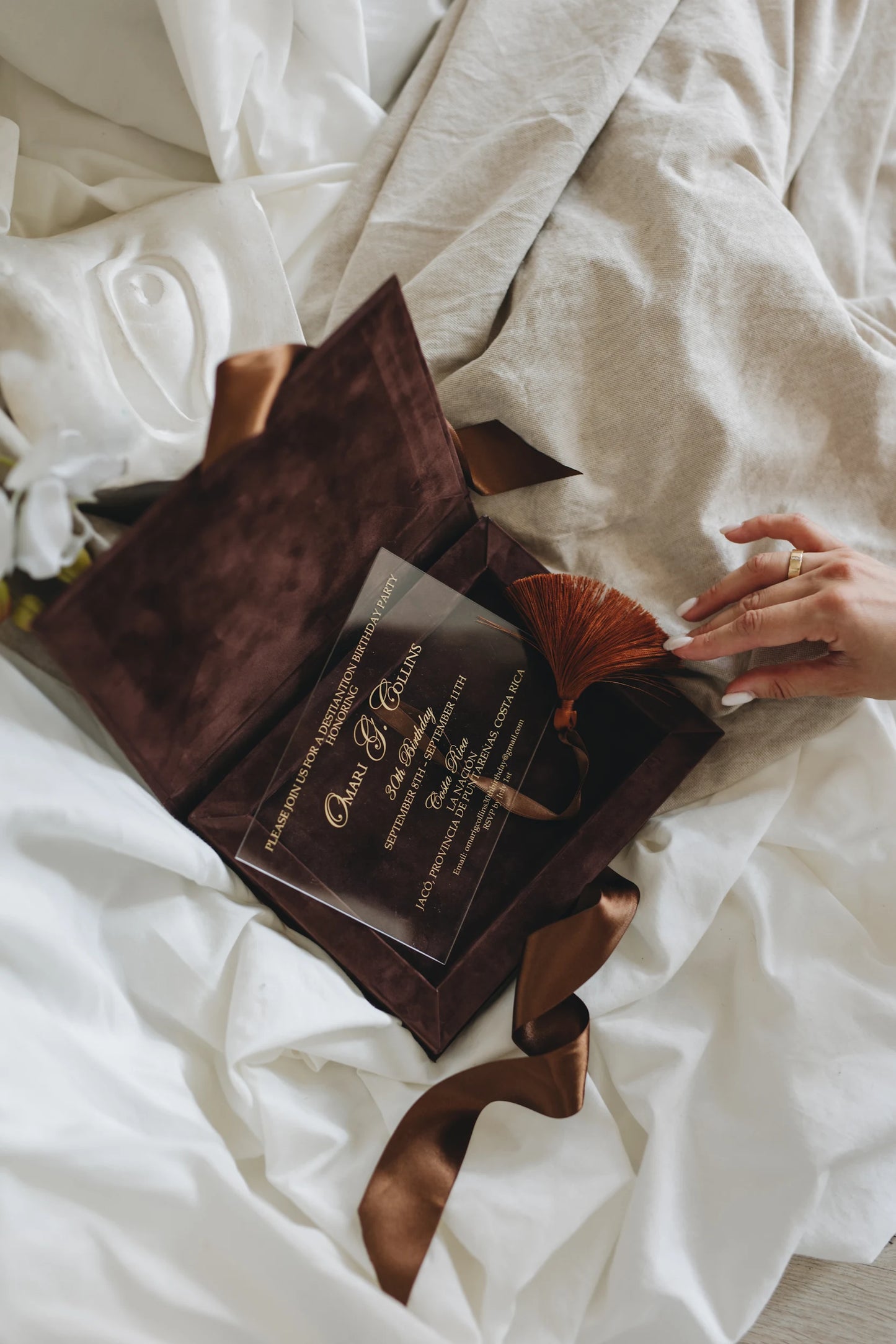 Brown Velvet Boxed Invitations Suede and Acrylic Wedding Invitation