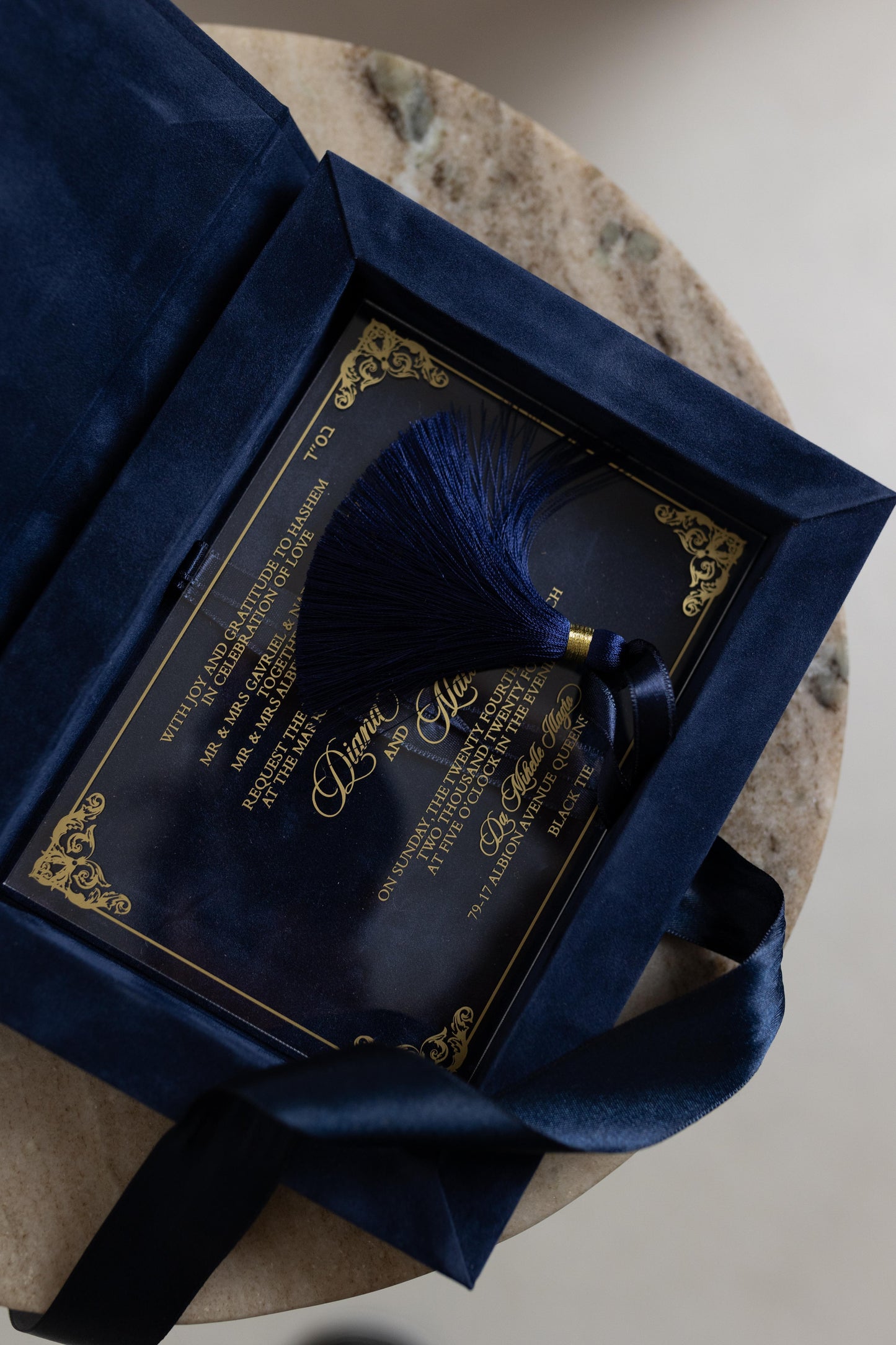 Luxury Navy Blue Velvet Box Invitations with Suede and Acrylic Finishes