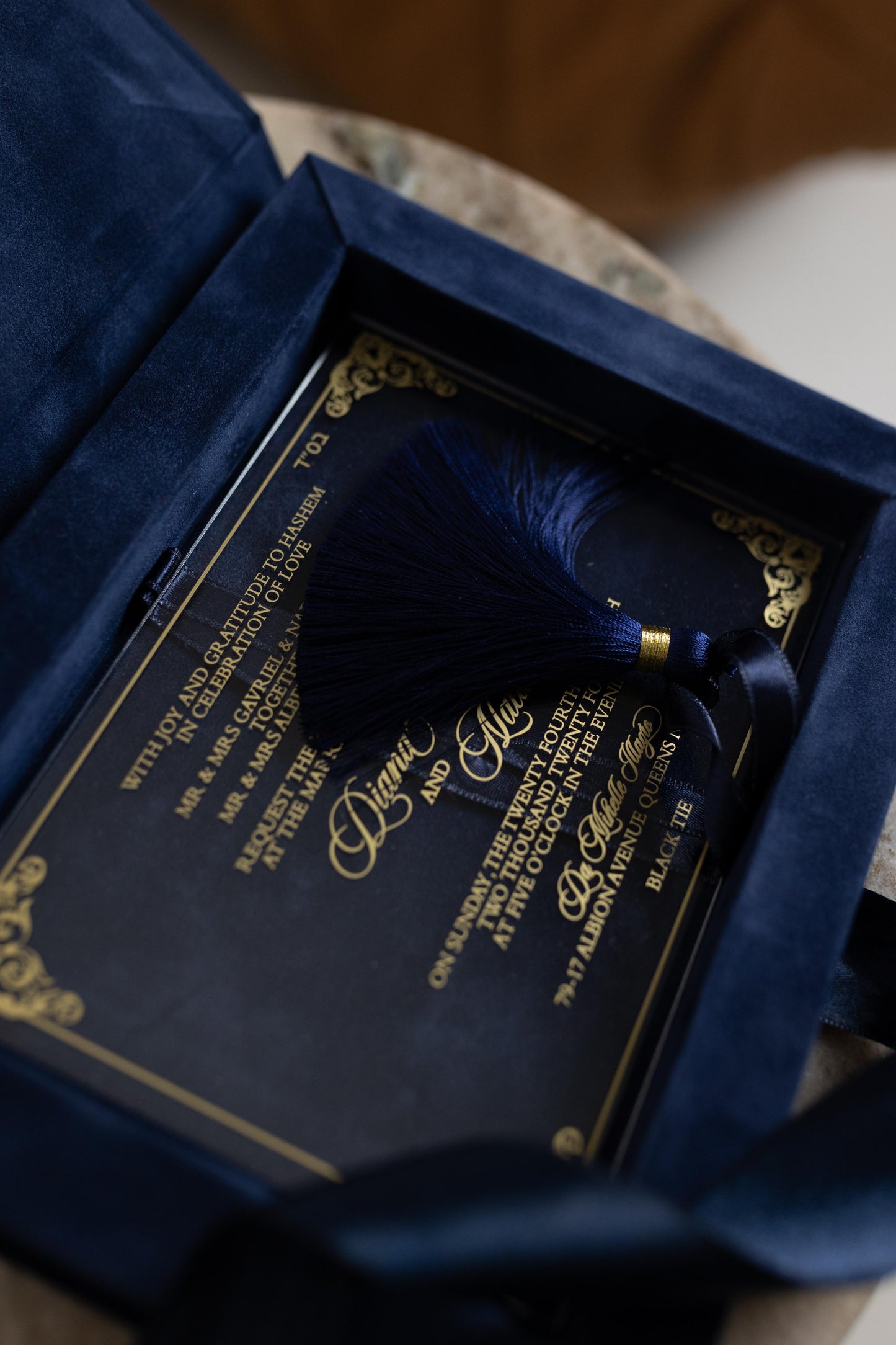 Luxury Navy Blue Velvet Box Invitations with Suede and Acrylic Finishes