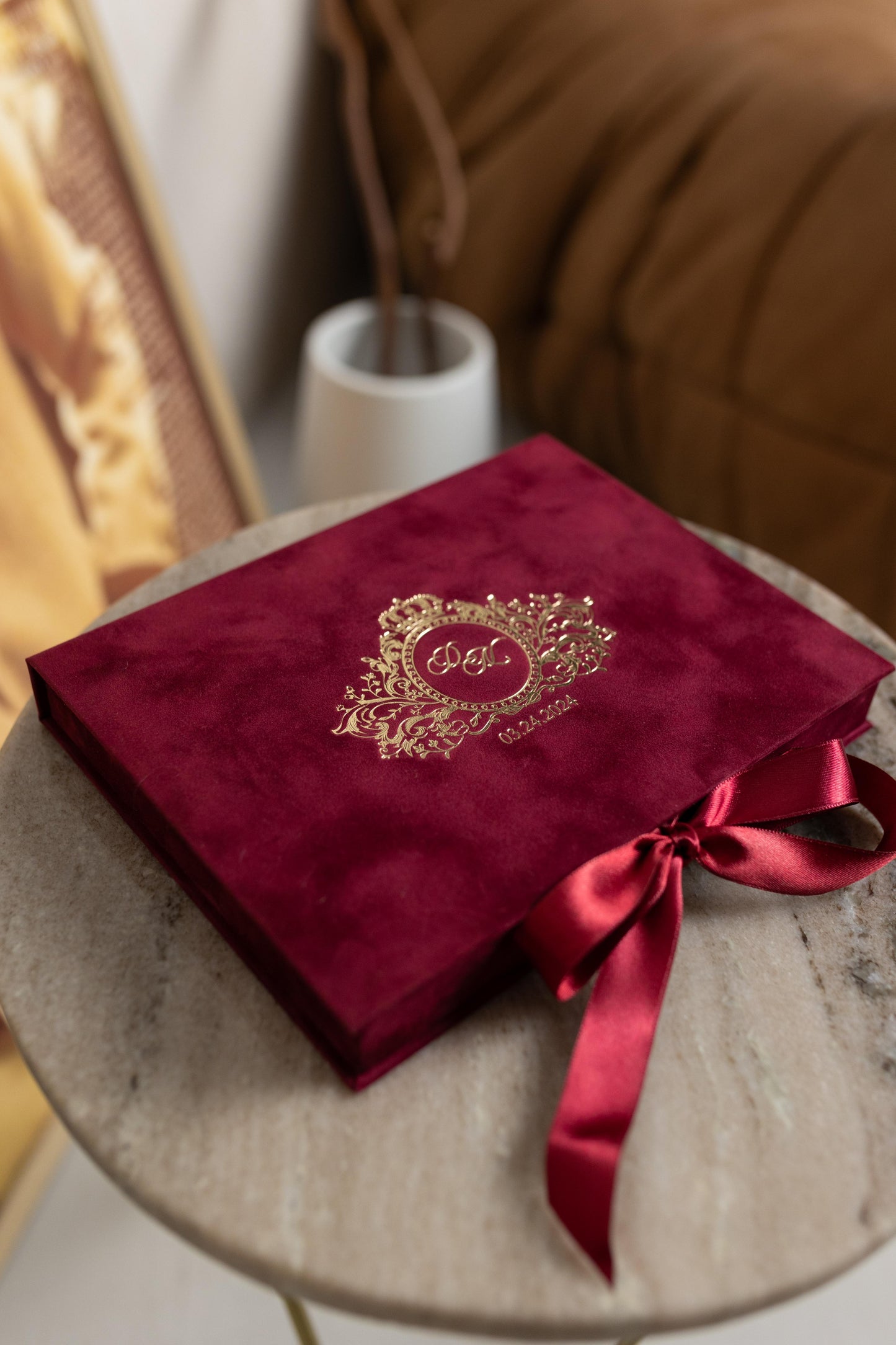 Burgundy Velvet Boxed Invitations Suede and Acrylic Wedding Invitation