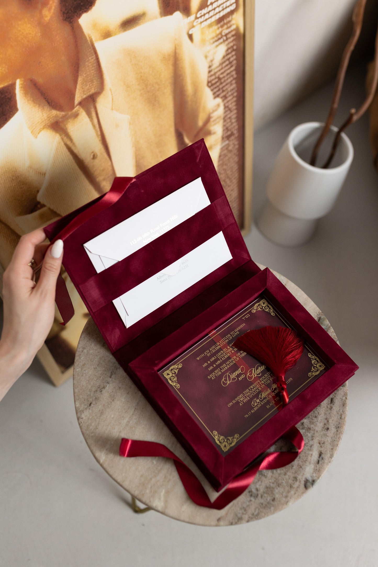 Burgundy Velvet Boxed Invitations Suede and Acrylic Wedding Invitation