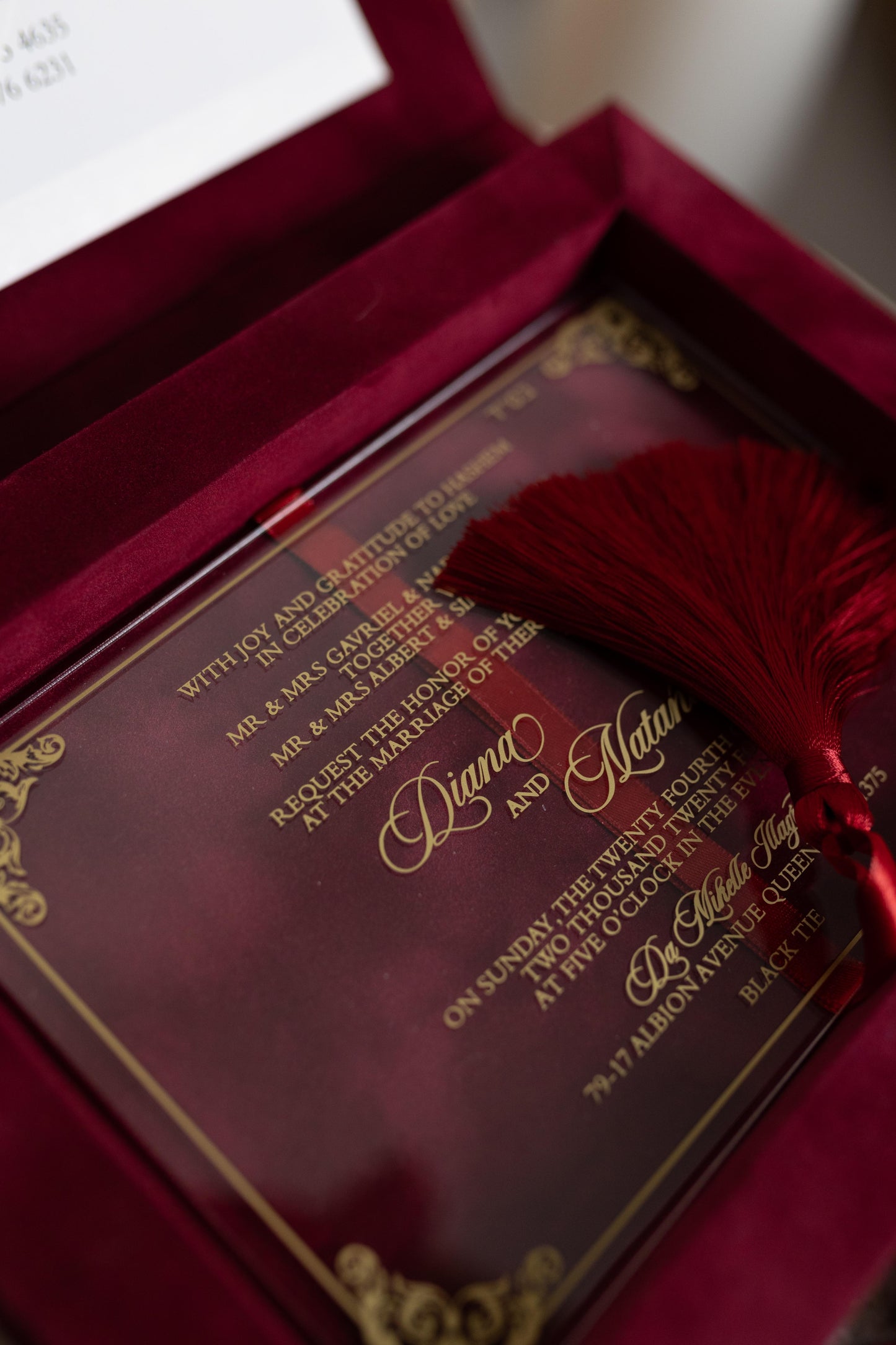 Burgundy Velvet Boxed Invitations Suede and Acrylic Wedding Invitation
