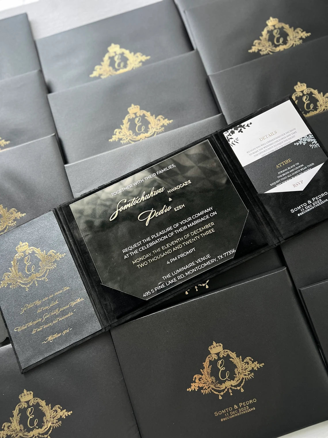 Luxury Black Velvet Envelope and Elegant Acrylic Invitation