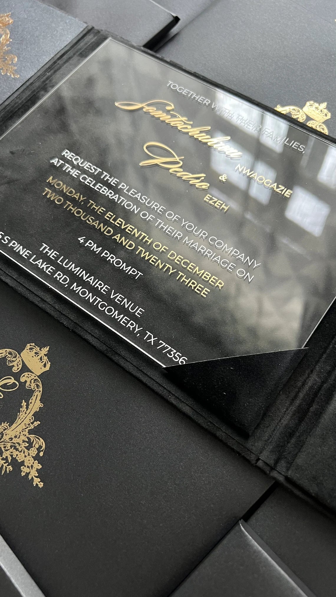 Luxury Black Velvet Envelope and Elegant Acrylic Invitation