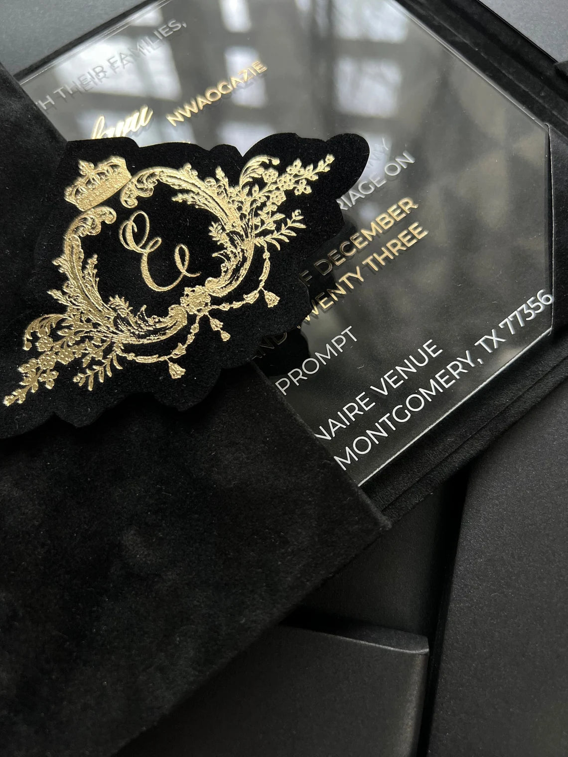 Luxury Black Velvet Envelope and Elegant Acrylic Invitation