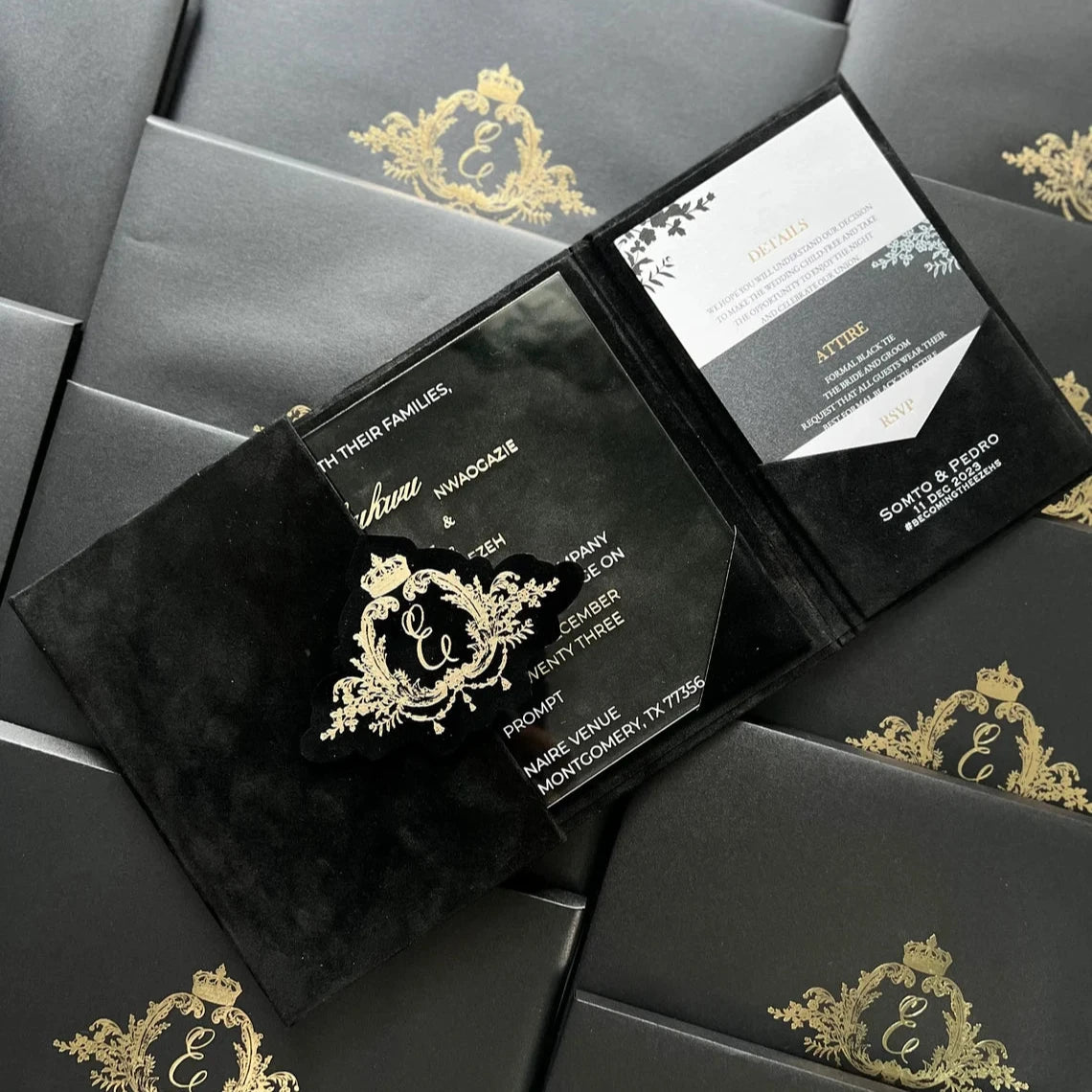 Luxury Black Velvet Envelope and Elegant Acrylic Invitation