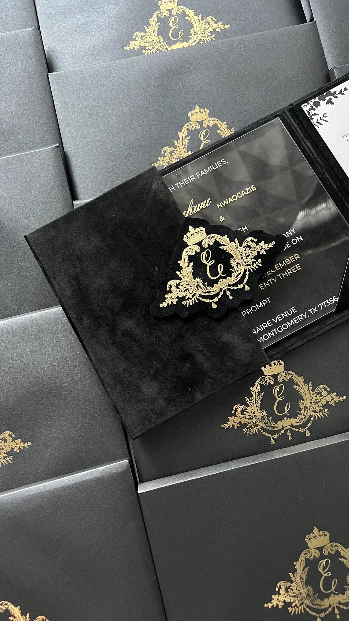 Luxury Black Velvet Envelope and Elegant Acrylic Invitation