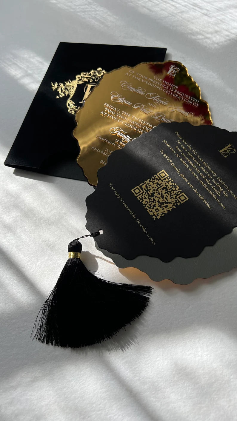 Black Velvet Suede Invitations with Gold Mirror Acrylic and Tassel