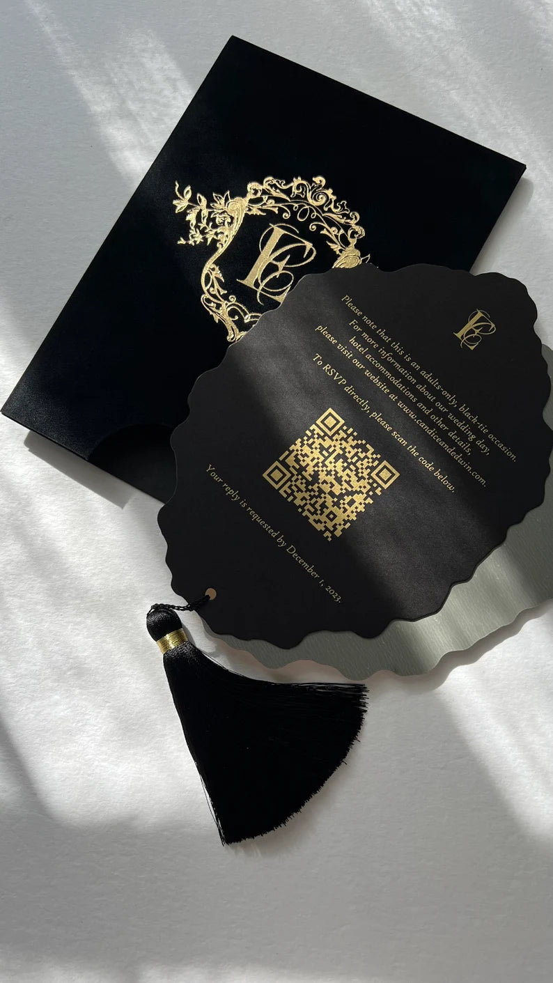 Black Velvet Suede Invitations with Gold Mirror Acrylic and Tassel