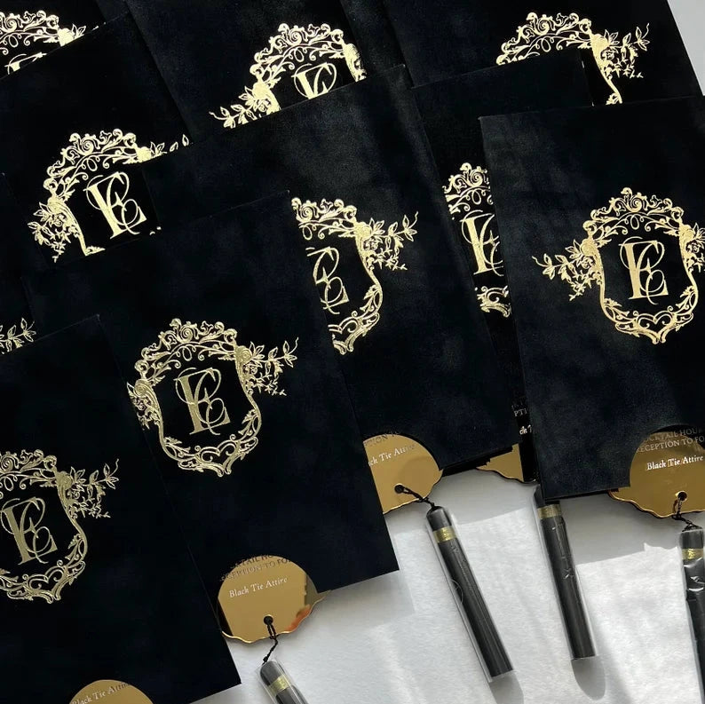 Black Velvet Suede Invitations with Gold Mirror Acrylic and Tassel